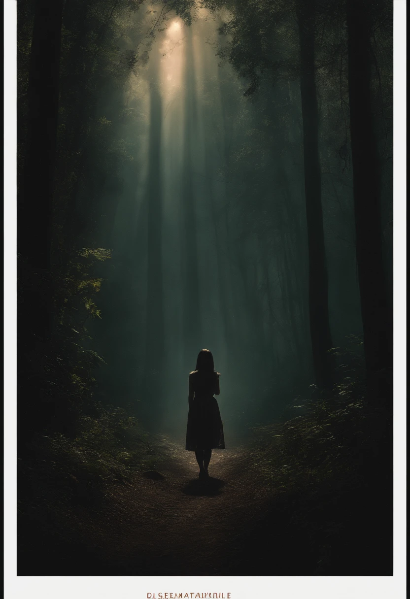 "Generate an image of a spooky, scared Malaysian girl in a dimly lit forest with eerie shadows and unknown creatures lurking."