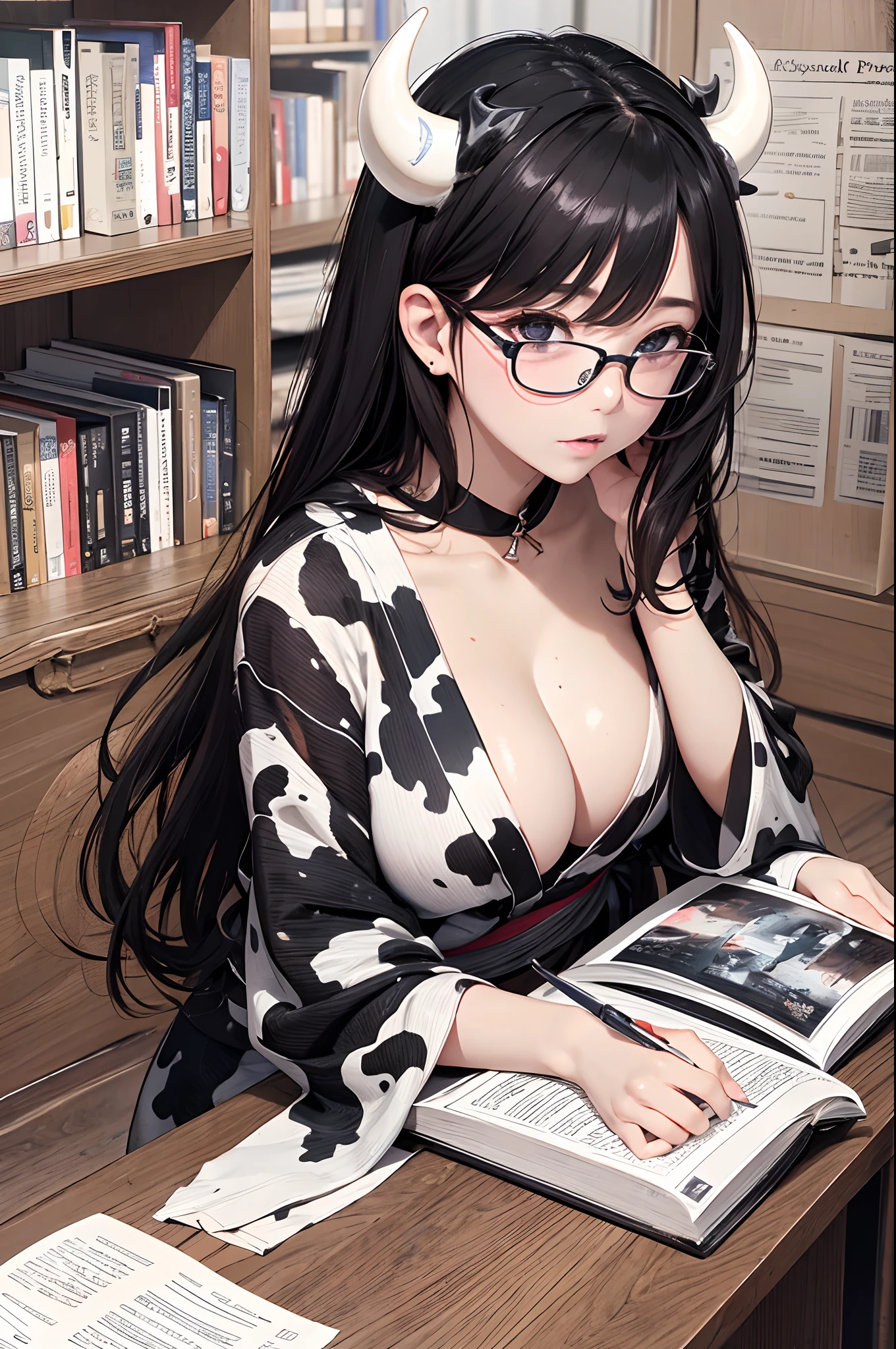 16K Ultra High Definition
Super detailed
The best of the best
Shiny detailed hair
Beautiful human woman with long hair
Super Big　plump meat
Black and white cow print kimono
Cow ears and cow small horns
Shiny skin
Red cheeks
Moisturized eyes
Wearing glasses
Reading a book at a desk
Rich breasts on desk on library background