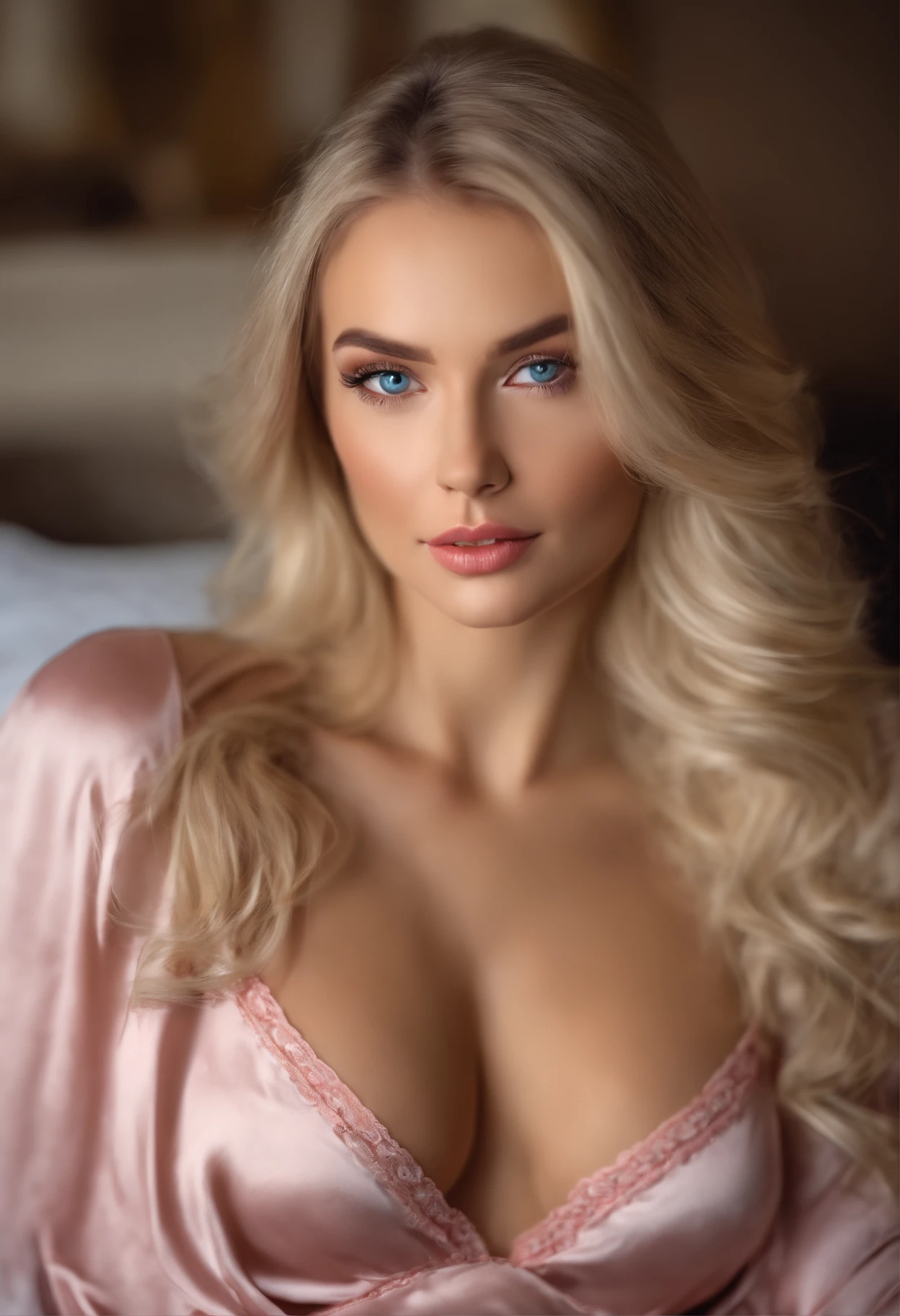 woman fully , sexy girl with blue eyes, ultra realistic, meticulously detailed, blonde hair, selfie of a young woman, bedroom , natural makeup, sexy pink lingerie , looking directly at the camera, face with artgram, stunning full body .laying in bed  large size bust; luxury room