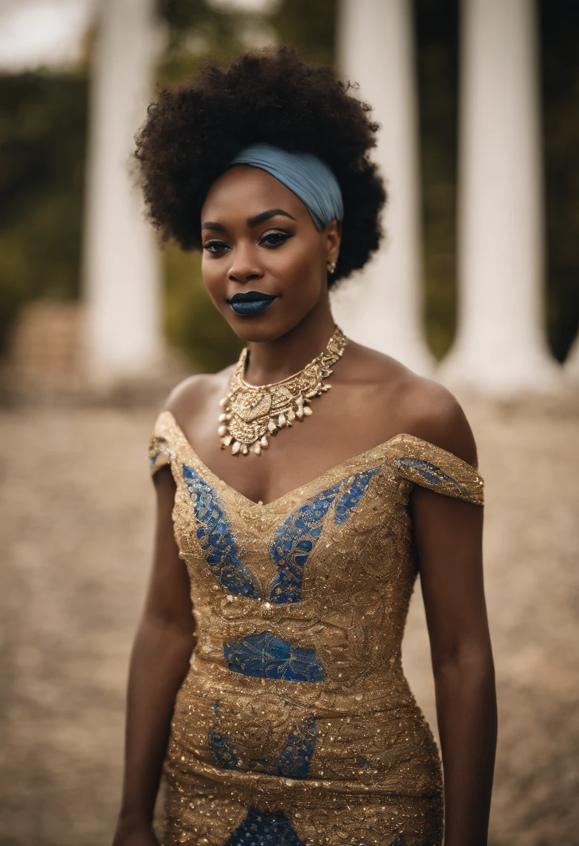 Melhor qualidade, Mulher negra, com roupas de seda azul com detalhes em ouro, coroa de luz, personagem linda , com roupas, sem seios a mostra