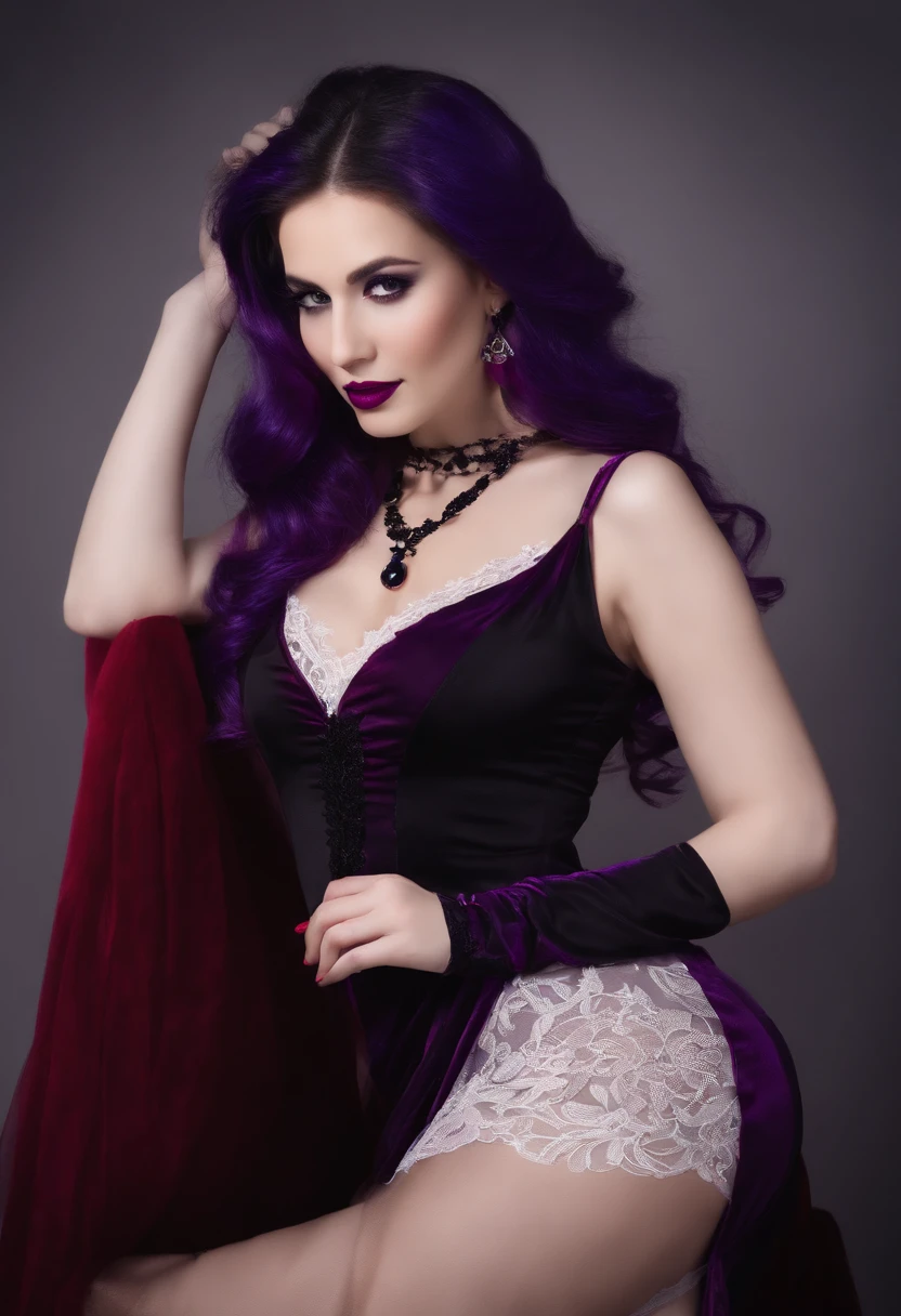 Charming slender girl with big breasts, slim waist. With loose long dark purple hair. With a fancy purple pendant around her neck. With a cute smile and lush red lips. In an airy sheer black dress with purple fur and a cutout on the chest. In lacy black stockings. On a plain background with uniform light.