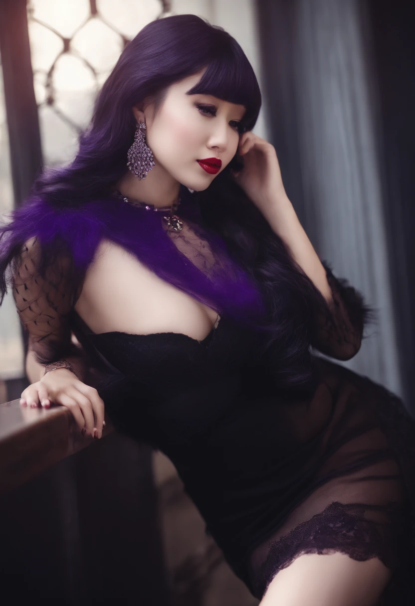 Charming slender girl with big breasts, slim waist. With loose long dark purple hair. With a fancy purple pendant around her neck. With a cute smile and lush red lips. In an airy sheer black dress with purple fur and a cutout on the chest. In lacy black stockings. On a plain background with uniform light.