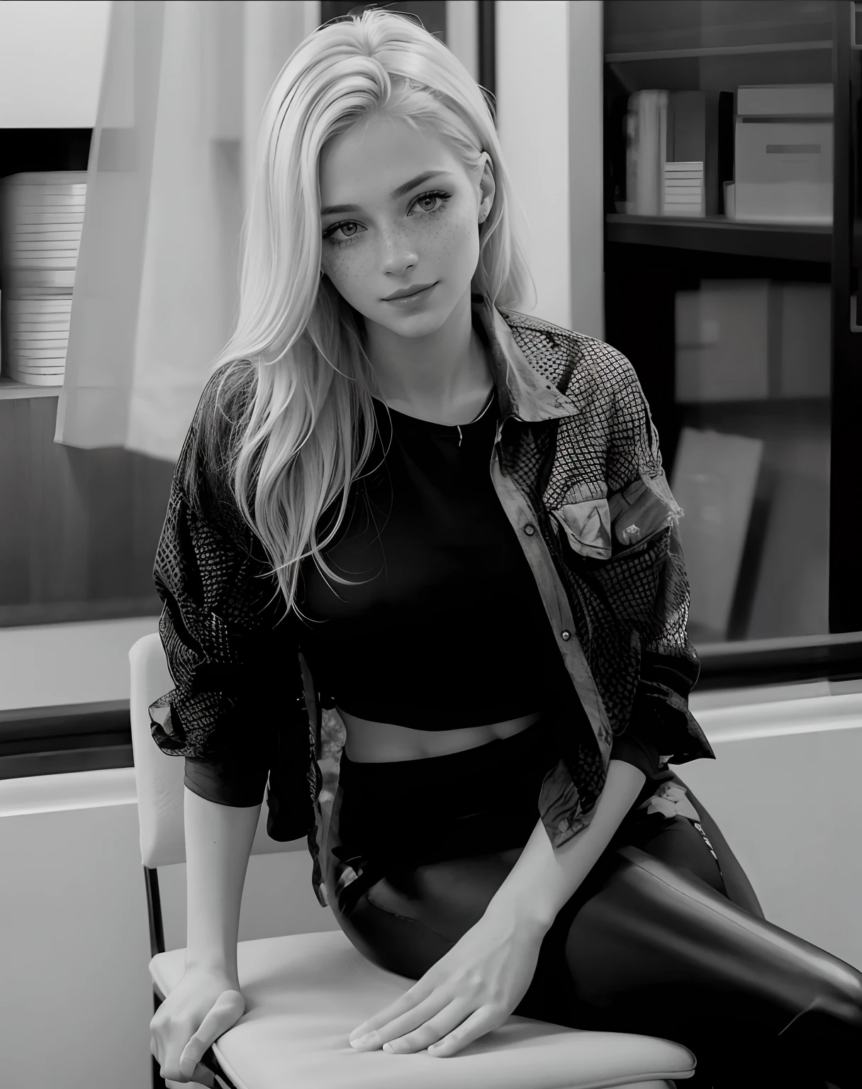 Rosto de uma mulher, americana, 25 anos, pale skin and freckles, olhos cinzas, nariz delicado, soft and delicate lips, cabelo blondie cinza longo e ondulados, sorriso meigo