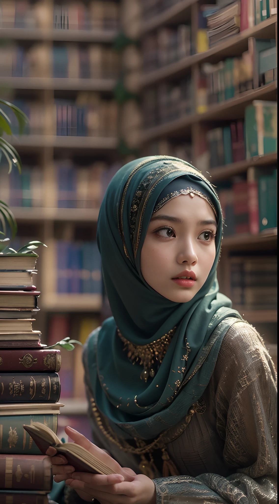 Produce an exceptionally detailed and lifelike scene portraying a young Malay girl, elegantly adorned in a hijab, immersed in a library. Her expression should reflect sheer surprise as magical fairies burst forth from the book she's reading. Strive for impeccable photorealism and an 8K resolution with a dynamic depth of field.