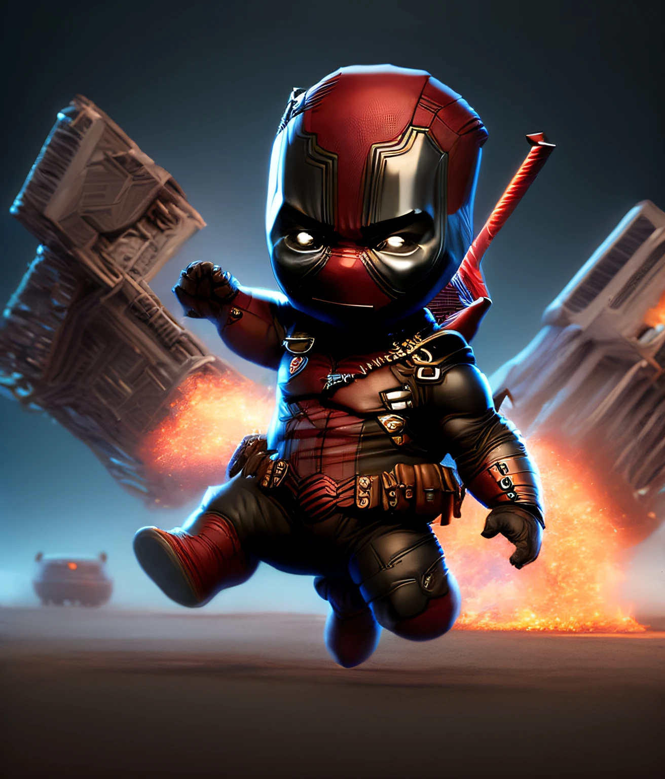 Cute and realistic Deadpool Cinematic Photo, surrounded by fire, sans couture, Epic, cinematic, intricate high detail, award winning, Excellent lighting, ombrage, highly quality, Detailed for Halloween