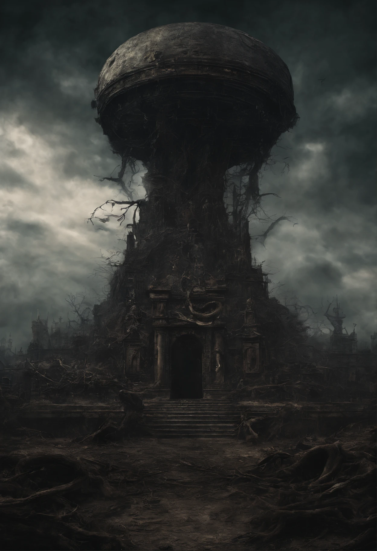 Landscape by Jean-Joseph Benjamin-Constant and Hieronim Bosch: surrealistic huge gorgon baroque  with steampunk flyings in the sky  , sinister by Greg Rutkowski symmetrical ugly decayed woman Epic cinematic brilliant stunning intricate meticulously detailed dramatic atmospheric maximalist digital horror Gustave Doré Greg Rutkowski dramatic colors, perfect composition, beautiful detailed intricate insanely detailed octane render trending on artstation, 8 k artistic