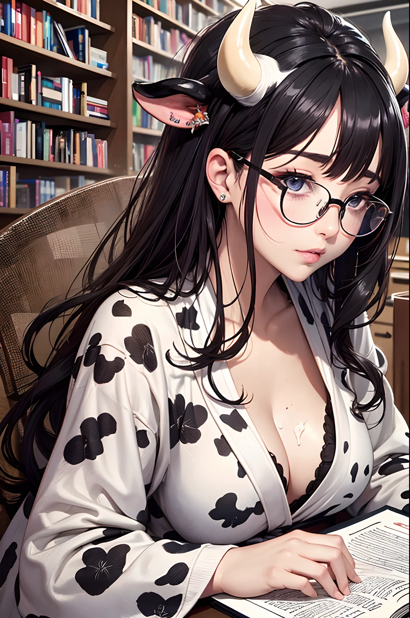 16K Ultra High Definition
Super detailed
The best of the best
Shiny detailed hair
Beautiful human woman with long hair
Super Big　plump meat
Black and white cow print kimono
Cow ears and cow small horns
Shiny skin
Red cheeks
Moisturized eyes
Wearing glasses
Reading a book at a desk
Rich breasts on desk on library background