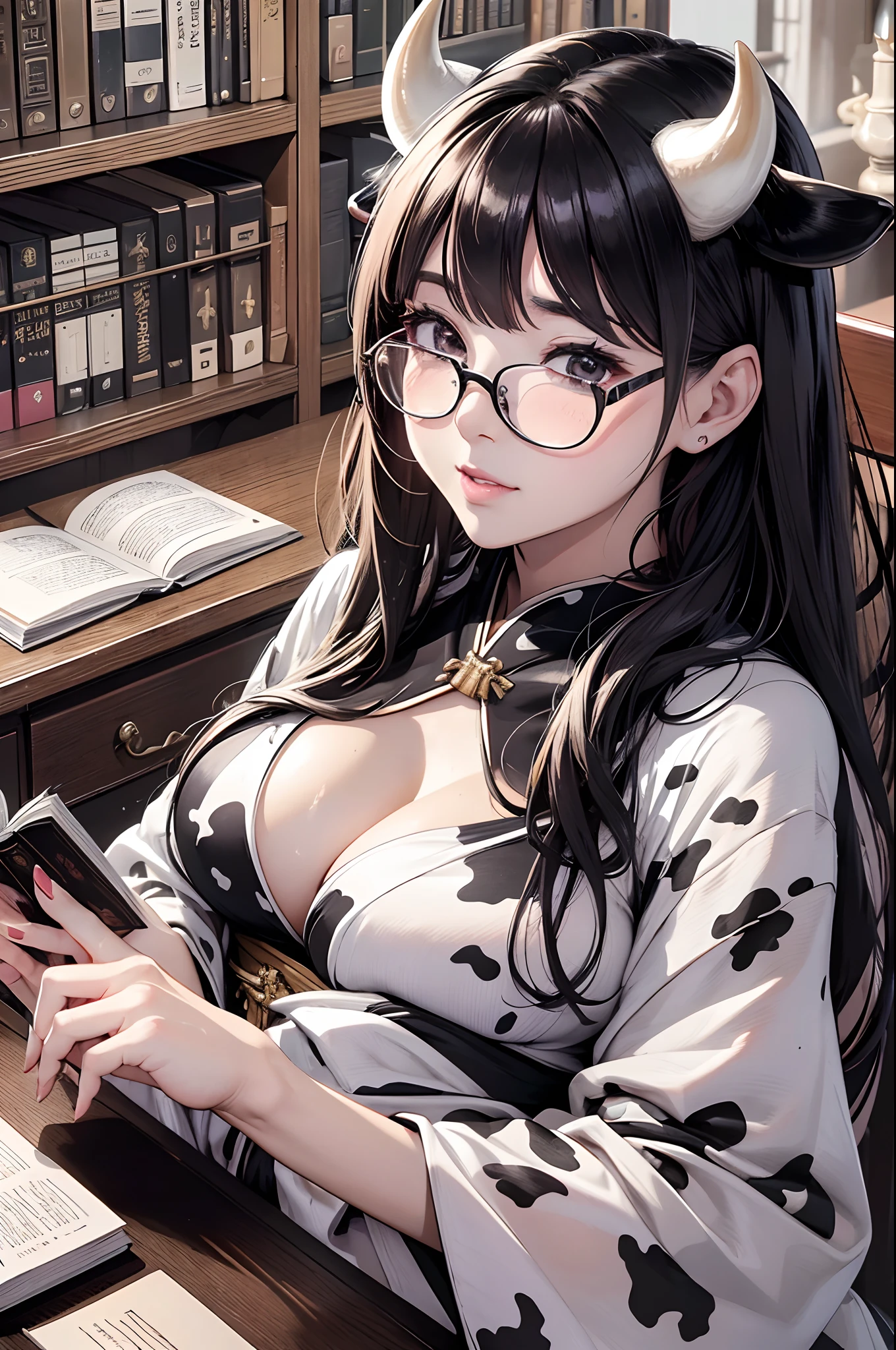 16K Ultra High Definition
Super detailed
The best of the best
Shiny detailed hair
Beautiful human woman with long hair
Super Big plump meat
Black and white cow print kimono
Cow ears and cow small horns
Shiny skin
Red cheeks
Moisturized eyes
Wearing glasses
Reading a book at a desk
Rich breasts on desk on library background