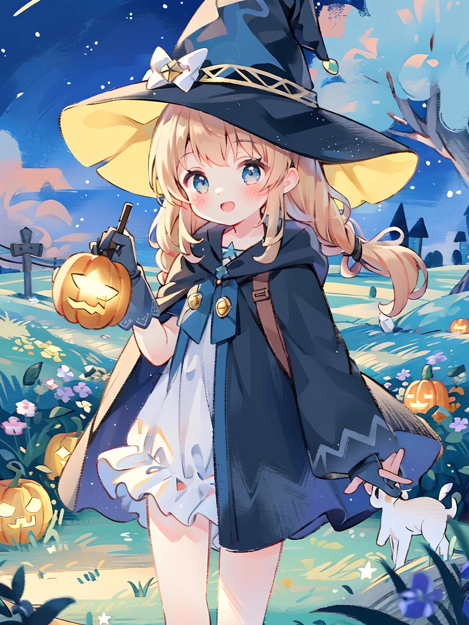 ((masterpiece:1.2, best quality)), 1girl, solo, (witch hat), a close up of a girl with curly hair, dress, aurora, night, star (sky), gloves, sky, dress, night sky, open mouth, starry sky, light blue eyes, ribbons, smile, cape, colorful hair, magic, casting spell, night, (impressionism:1.4), alphonse mucha, Halloween colors, colorful candy, magical lights, pumpkins, candies