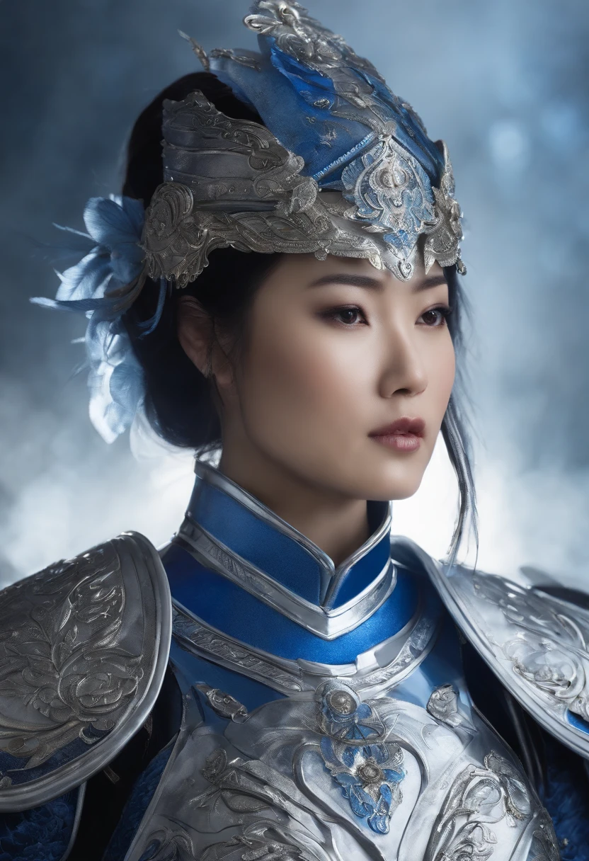 a beautiful Asian woman, with short hair, she wears battle armor made entirely of glass and the armor is blue and white, photorealistic
