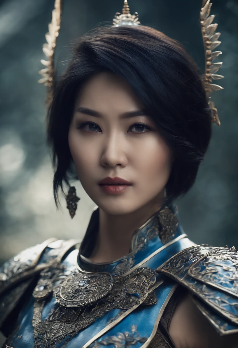 a beautiful Asian woman, with short hair, she wears battle armor made entirely of glass and the armor is blue and white, photorealistic