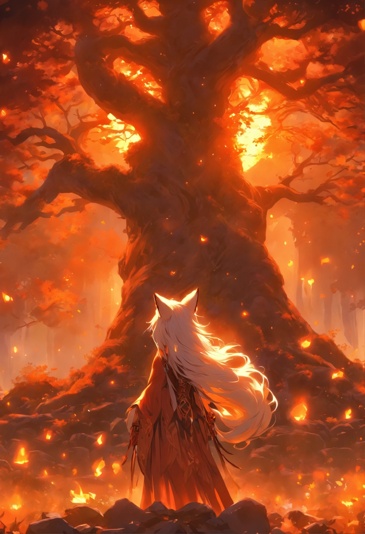 offcial art, Unity 8k wallpaper, Ultra detailed, Beautiful and aesthetic, Beautiful, Masterpiece, Mystery , emotive depth , Atmospheric , Supernatural , Best quality, Huge ancient fantasy tree , Burning tree  , A little girl dressed in white stands in front of a tree , A woman is smaller than a tree ，Magic control , The tree emits fire ,  On one side is darkness，On the other side is light , A bit of a reddish sunset , The woman stared at the tree , (Watching from behind) , The roots of the tree are large , flower  field , Aesthetic , Several large stones and small stones , (Ultra-detailed tree) , (super detailed art) , , (Western magic) , (Hyper-detailed fields) , (Super exquisite sunset sun)，（fox ear），（fox tails），（long  white hair）