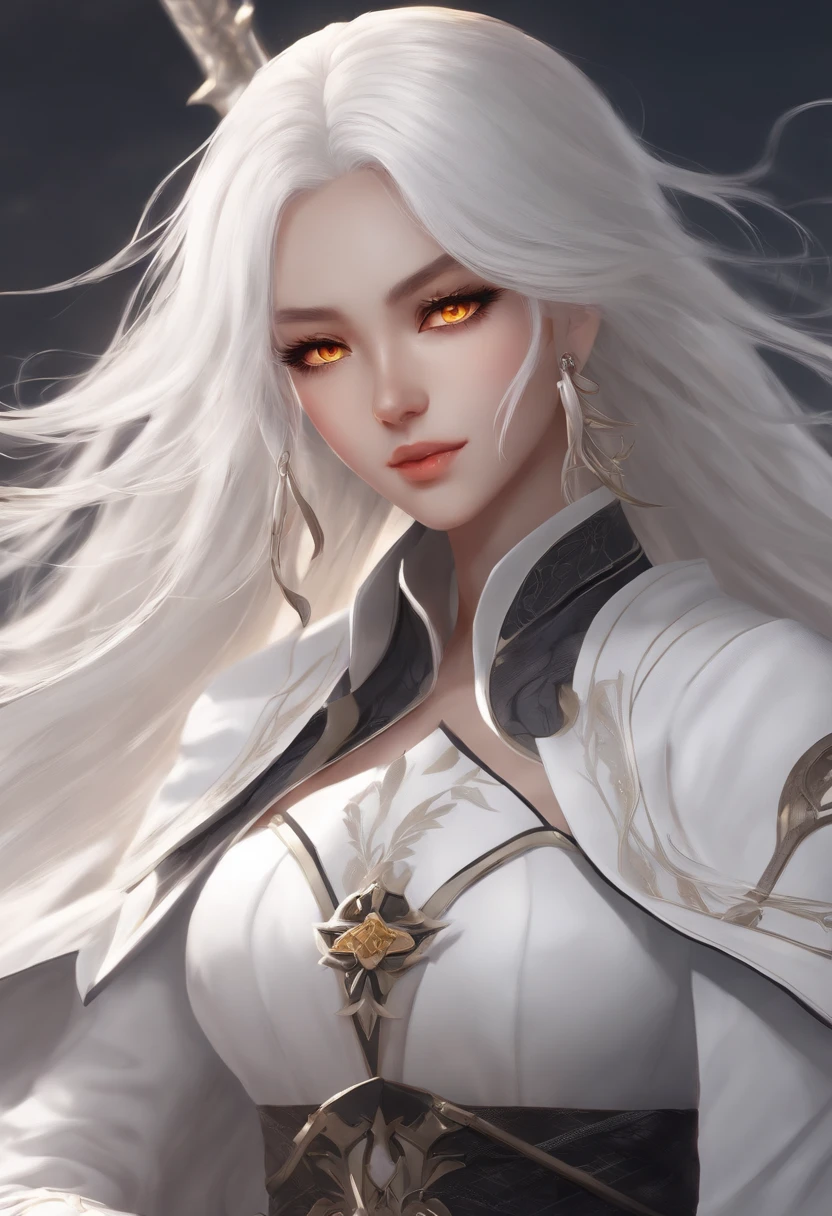 Black anime girl with long white hair in a white outfit, yellow eyes, with a sword, impatic genshin style