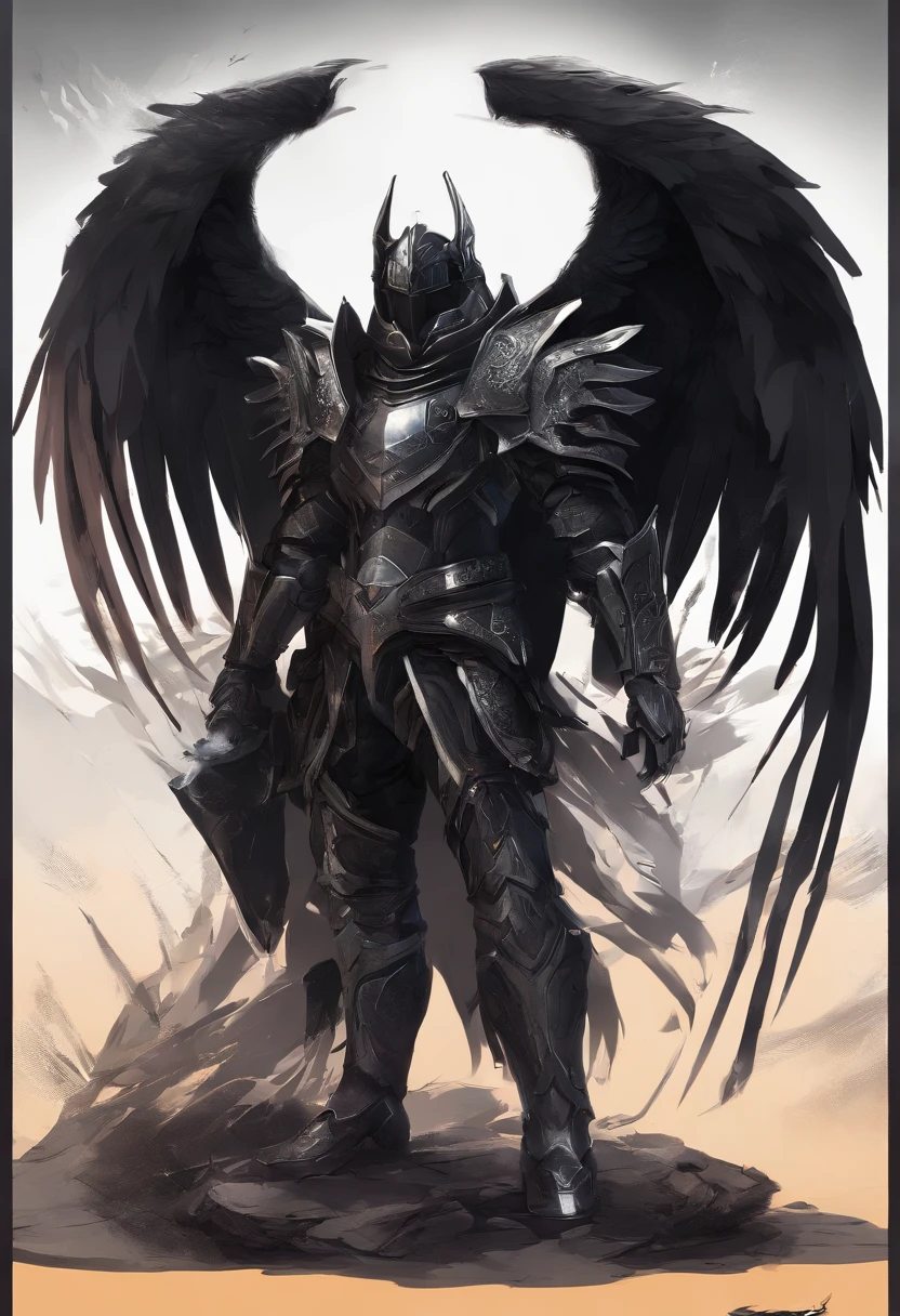 intricately detailed illustration of a dark paladin with black wings and black armor with silver accents, closed helmet, looting lots of feathers, backlit, raytraced, front view, gorgeous body, extremely realistic, full body shot, fantastical, imaginative, visually rich, atmospheric, zoomed, shot by MSchiffer, 32k resolution, best quality