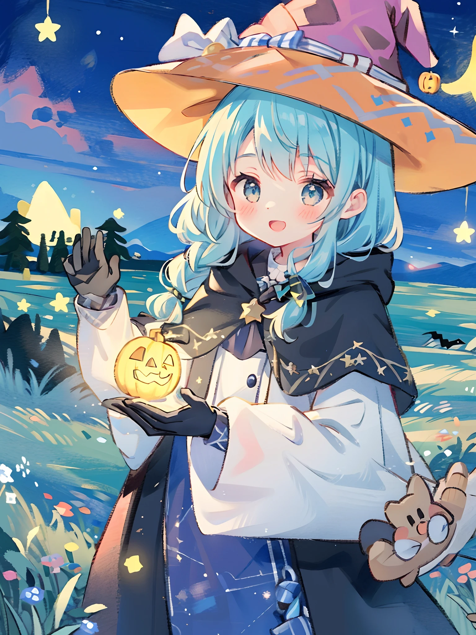 ((masterpiece:1.2, best quality)), 1girl, solo, (witch hat), a close up of a girl with curly hair, dress, aurora, night, star (sky), gloves, sky, dress, night sky, open mouth, starry sky, light blue eyes, ribbons, smile, cape, blue hair, magic, casting spell, night, (impressionism:1.4), alphonse mucha, Halloween colors, colorful candy