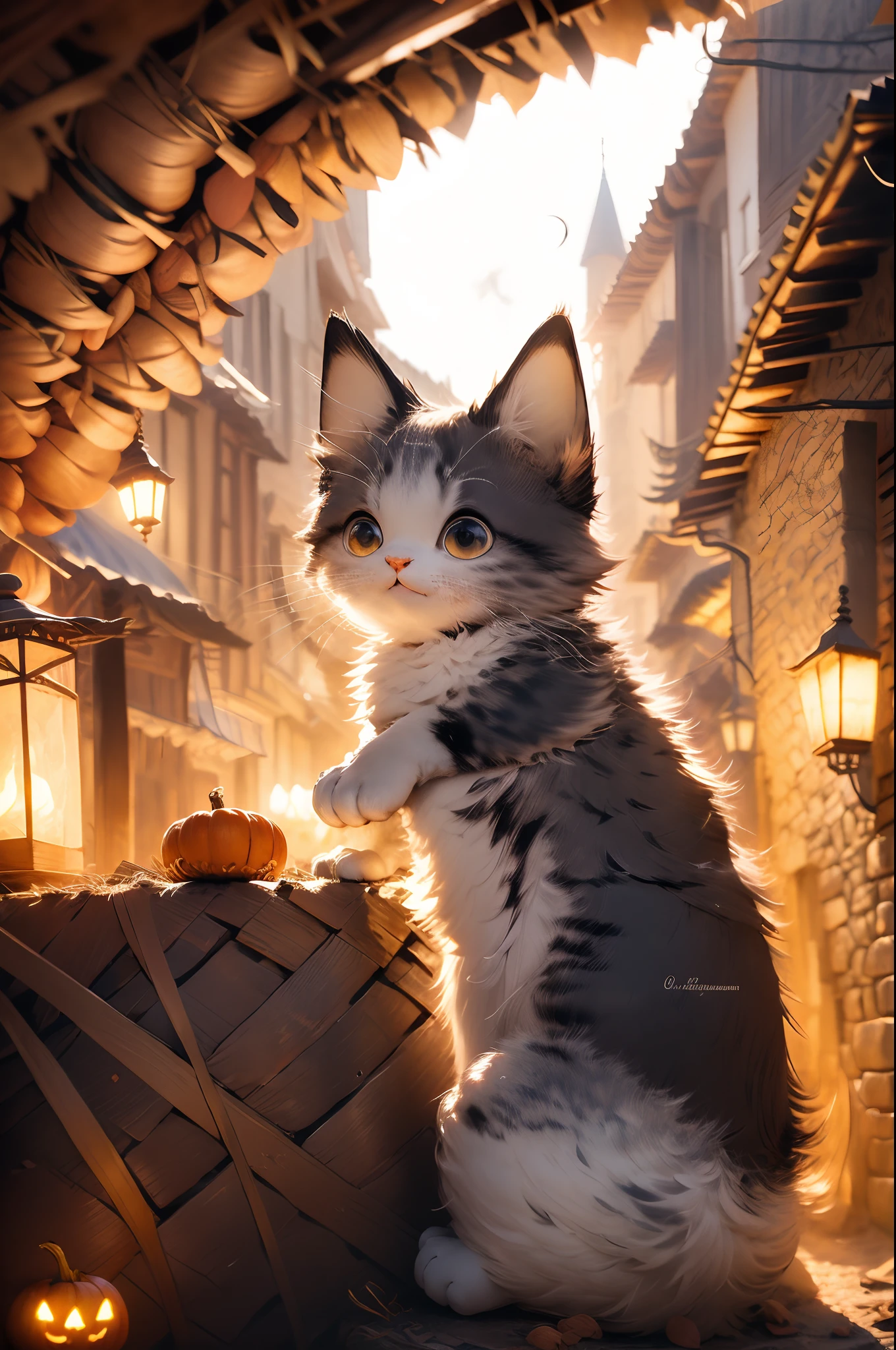 Em uma noite de Halloween, The full, menacing moon hangs in the night sky, casting a silvery light over a deserted, dark cobblestone street. The silence is palpable, com apenas o farfalhar das folhas secas sendo levadas pelo vento outonal.
Nesta rua sombria e deserta, The old wooden and stone houses are decorated with carved pumpkins, lit lanterns and fake cobwebs that sway in the wind. The only source of light is the dim light from the pumpkin candles, that cast sinister shadows on the entrance steps of houses.
No centro da rua, um pequeno gatinho preto e fofo, de olhos grandes e brilhantes em um tom hipnotizante de azul, It's sitting on top of a pile of dry leaves. Seu olhar fixo parece penetrar a alma de quem o observa, and he seems to be the lonely guardian of this mysterious Halloween night. Your ears are bristling, And your tail wags curiously, como se ele estivesse ciente de algo sobrenatural no ar