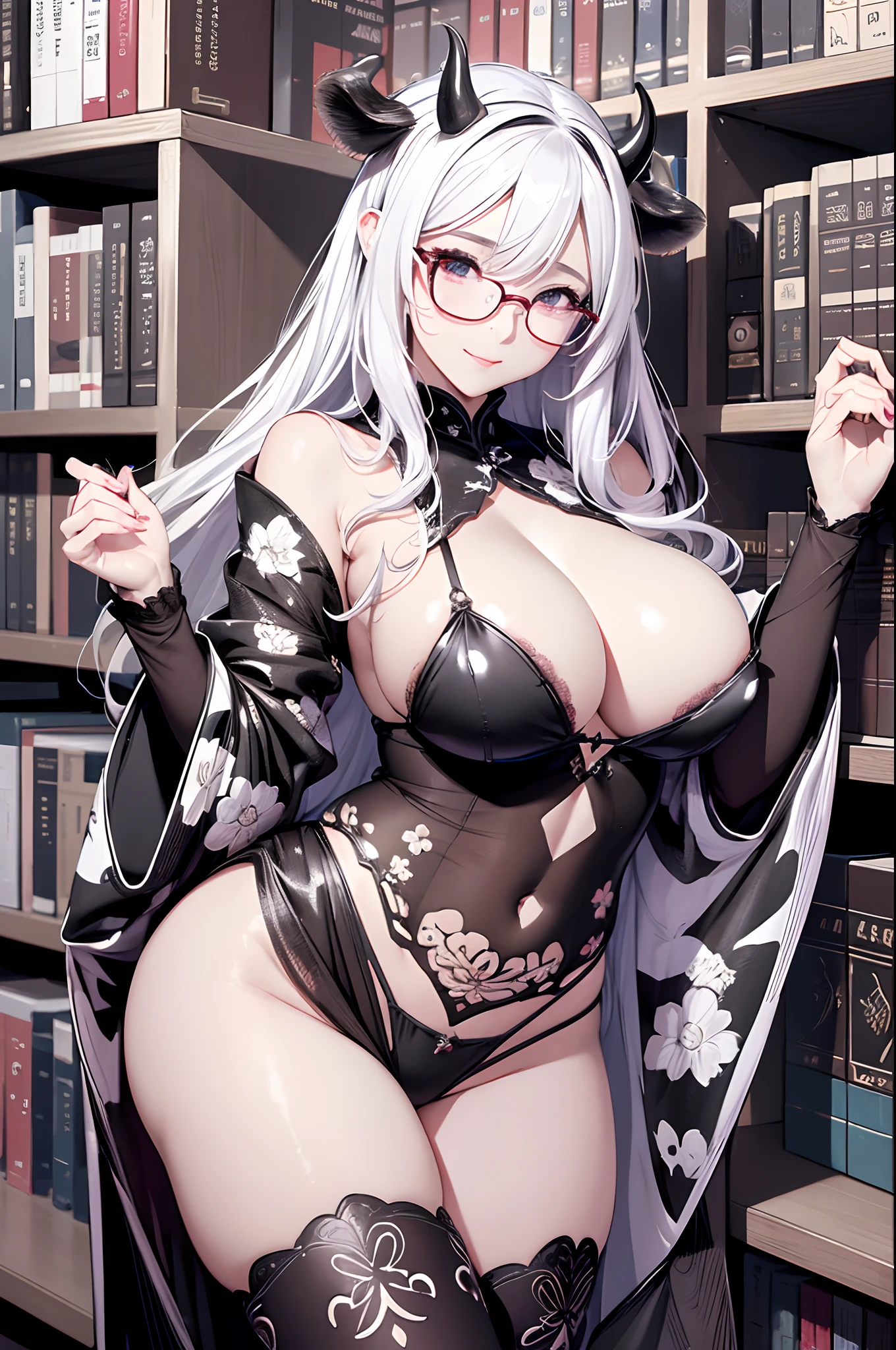 16K Ultra High Definition
Super detailed
The best of the best
Shiny detailed hair
Beautiful human woman with long hair
Super big breasts Raising arms and showing sides
Black and white cow pattern kimono with beautiful sides
Cow ears and cow small horns
Shiny skin
Red cheeks
Moist eyes and embarrassed expression
Wearing glasses
Seduce a bewitching smile leaning against a bookshelf
The background is the library
