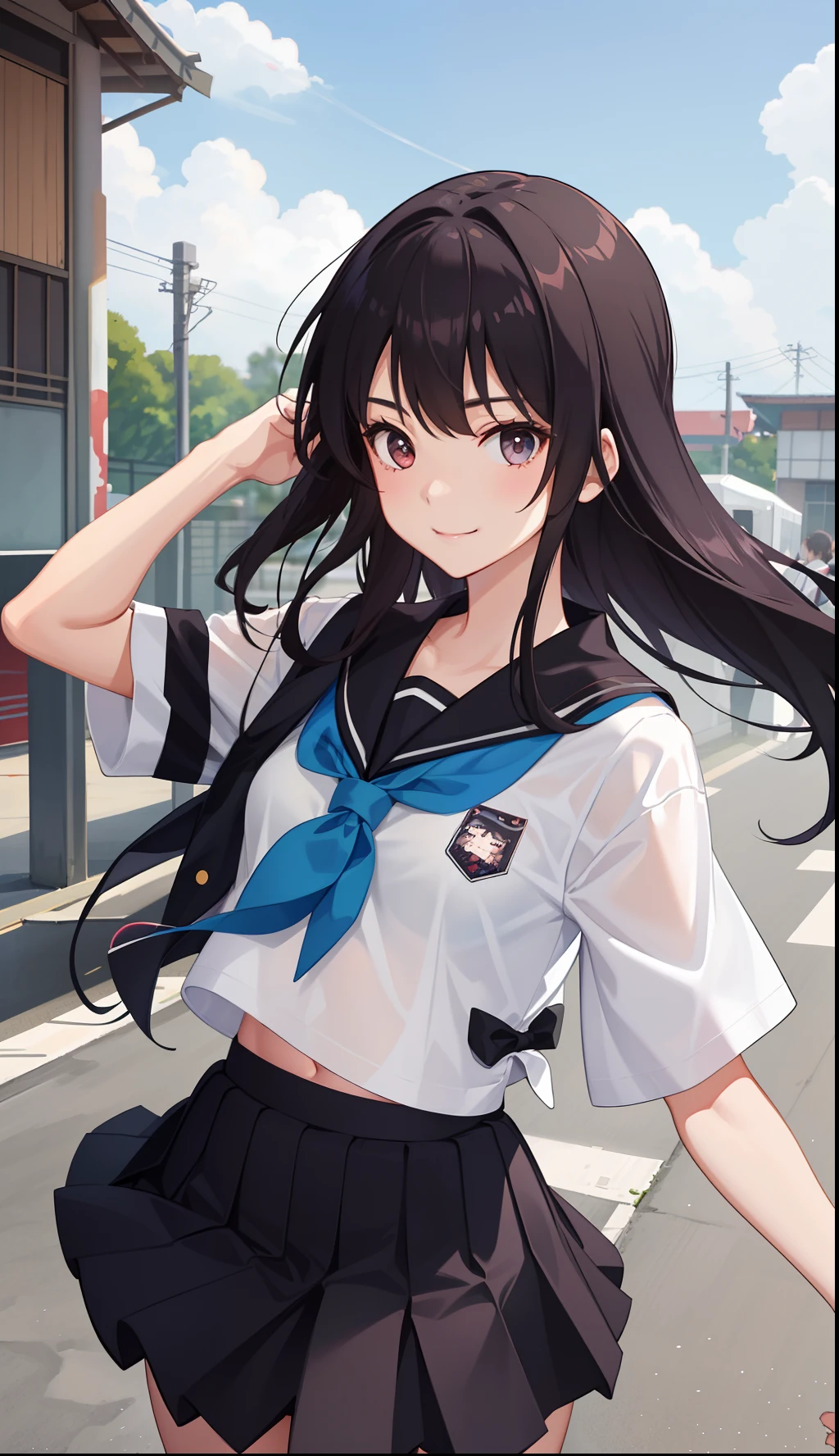 1girl in、A smile、The shirt、skirt by the、(small tits)Chilarism、Japan High School Student Uniform、serafuku、summer clothing、(Sheer Bra)、Upper body portrait、Dynamism!!Running with the wind、