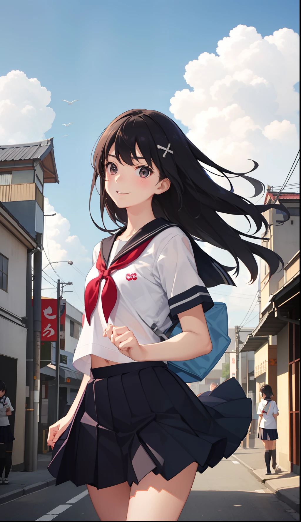 1girl in、A smile、The shirt、skirt by the、(small tits)Chilarism、Japan High School Student Uniform、serafuku、summer clothing、(Sheer Bra)、Upper body portrait、Dynamism!!Running with the wind、