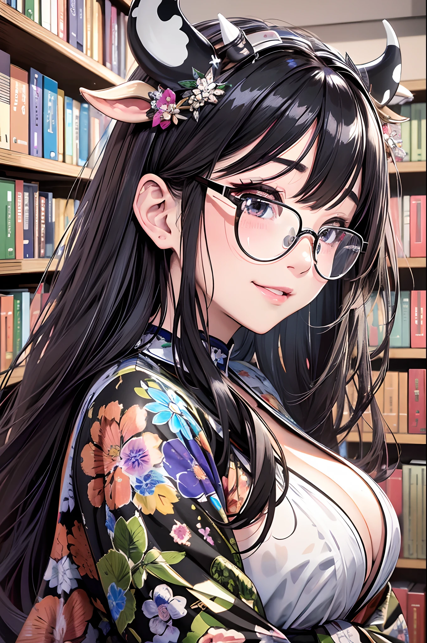 16K Ultra High Definition
Super detailed
Masterpiece Full Color
Shiny detailed hair
Beautiful human woman with long hair
Raise your super large arms to show your sides
Black and white cow pattern kimono with beautiful sides
Cow ears and cow small horns
Shiny skin
Red cheeks
Moist eyes and embarrassed expression
Wearing glasses
Seduce a bewitching smile leaning against a bookshelf
The background is the library