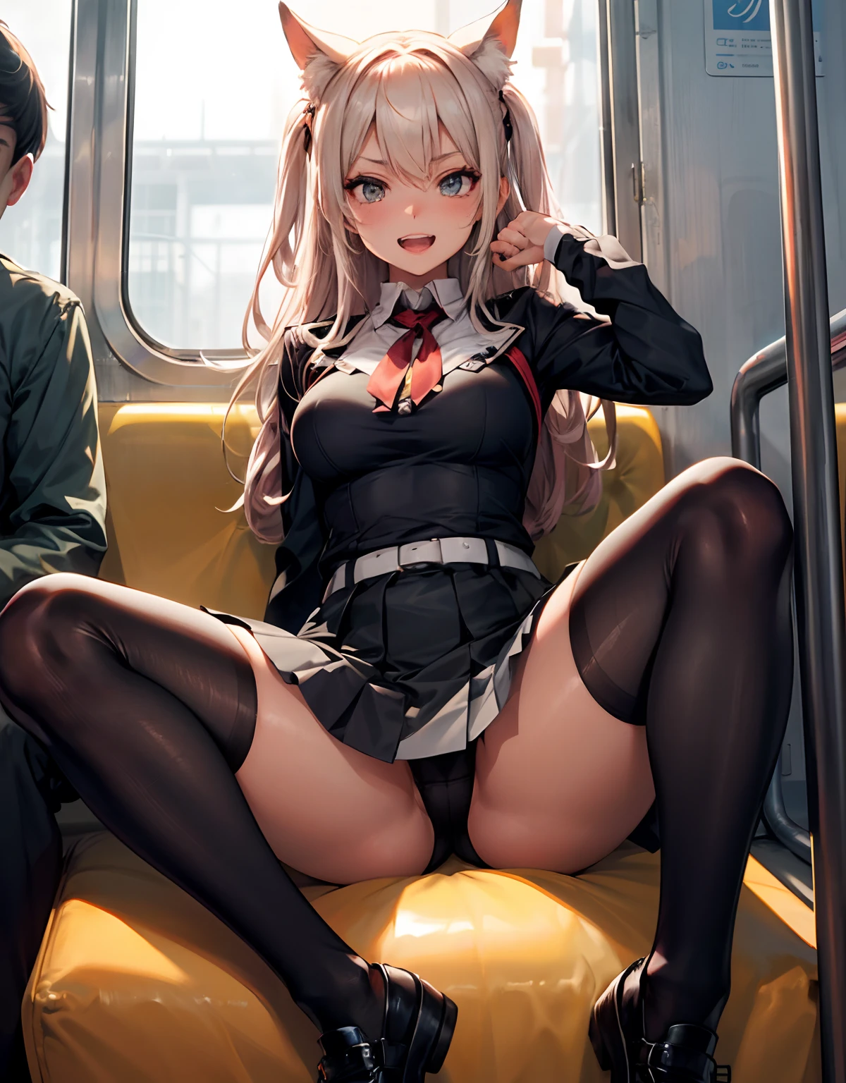 masutepiece, Best Quality, Ultra-high resolution and detail, ultra-quality, Super exciting, 8K, lighting like a movie, My girl's name is nice, The cutest girl in the world, Nice! Show what you want to see!, Show me your whole body,Let me know what you think of me,Wearing a miniskirt uniform、Cute underwear、knee sox、Beautiful teeth、so cute.、On the train、Sticking your ass out like this with an embarrassed face!?I was tempted!、Shot of open feet straight up from below the knee、Seductive poses、shiny and attractive skin、Best Girlfriend、thigh-high socks、Open your legs like this、Lift with an embarrassed look、Stick your butt out!?I was tempted!、Provocative poses、shiny and attractive skin、Best Girlfriend、provocative smiling、Put your hands down!?,Beautiful drawing of the body, astonishing、Amazingly detailed representation