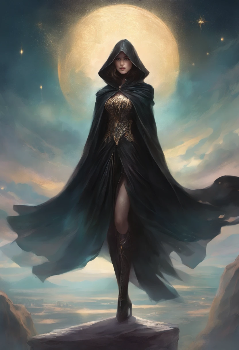 A woman wearing a black cloak. A mask that covers the face. Big white eyes. She puts her hands behind her, standing on a platform in front of a crowd