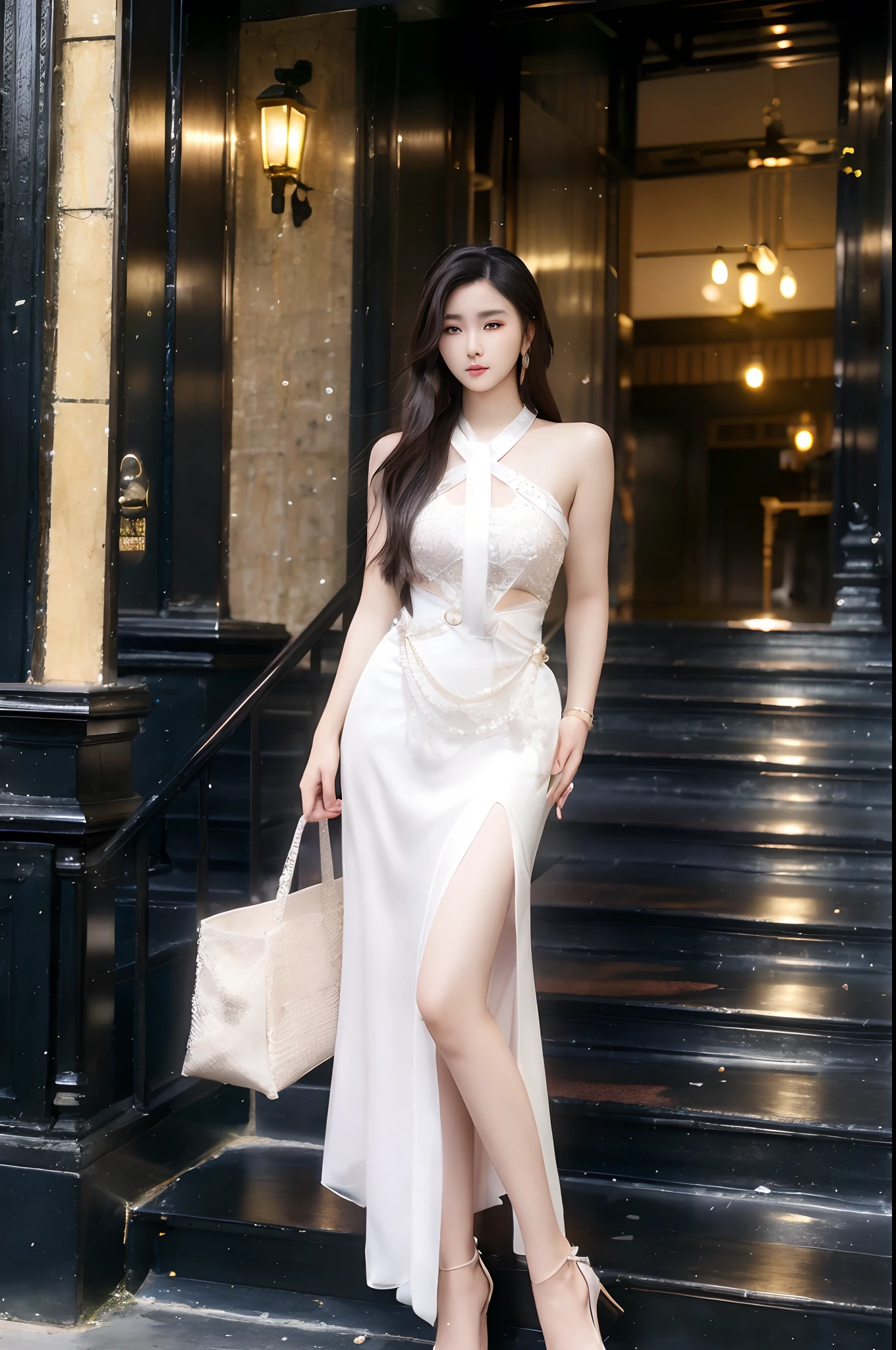 An Araki woman in a white dress stands on a set of stairs, full-body xianxia, shaxi, Choi Hyun-hwa, hwang se - on, korean women's fashion model, Lee Ji-eun, lee ji eun, Luxury dress, Elegant dress, gongbi, Gorgeous young Korean woman, Shin Jinying, xision wu, jia