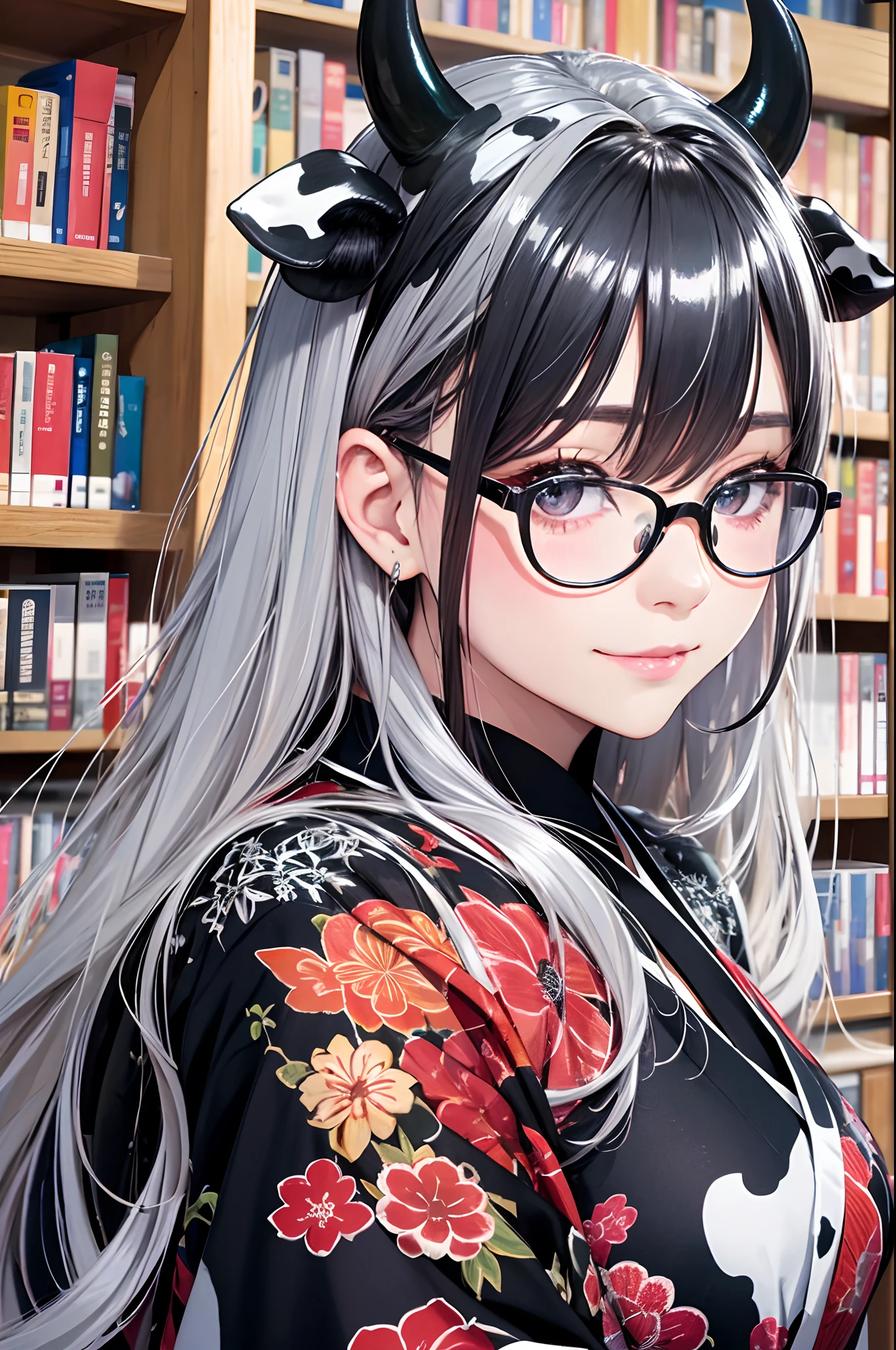 16K Ultra High Definition
Super detailed
Masterpiece Full Color
Shiny detailed hair
Beautiful human woman with long hair
Raise your super-sized arms to show your sides
Black and white cow pattern kimono with beautiful sides
Cow ears and cow small horns
Shiny skin
Red cheeks
Moist eyes and embarrassed expression
Wearing glasses
Seduce a bewitching smile leaning against a bookshelf
The background is the library