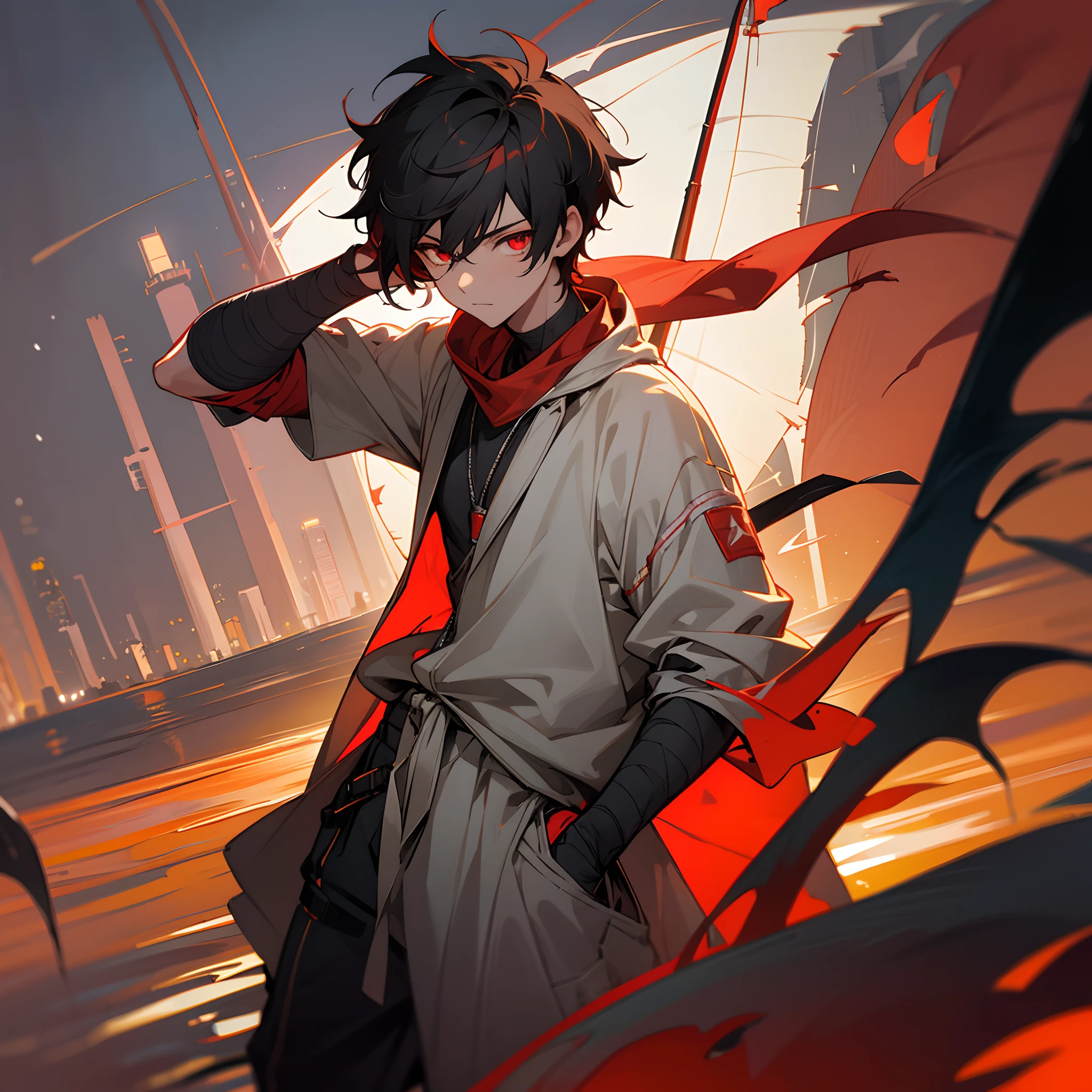 1male, , finely detailed glowing red eyes, messy short black hair red highlights, nighttime fishing village, posing with hand in pocket, bandages wrapped around arms, bandages around neck, loose casual clothing