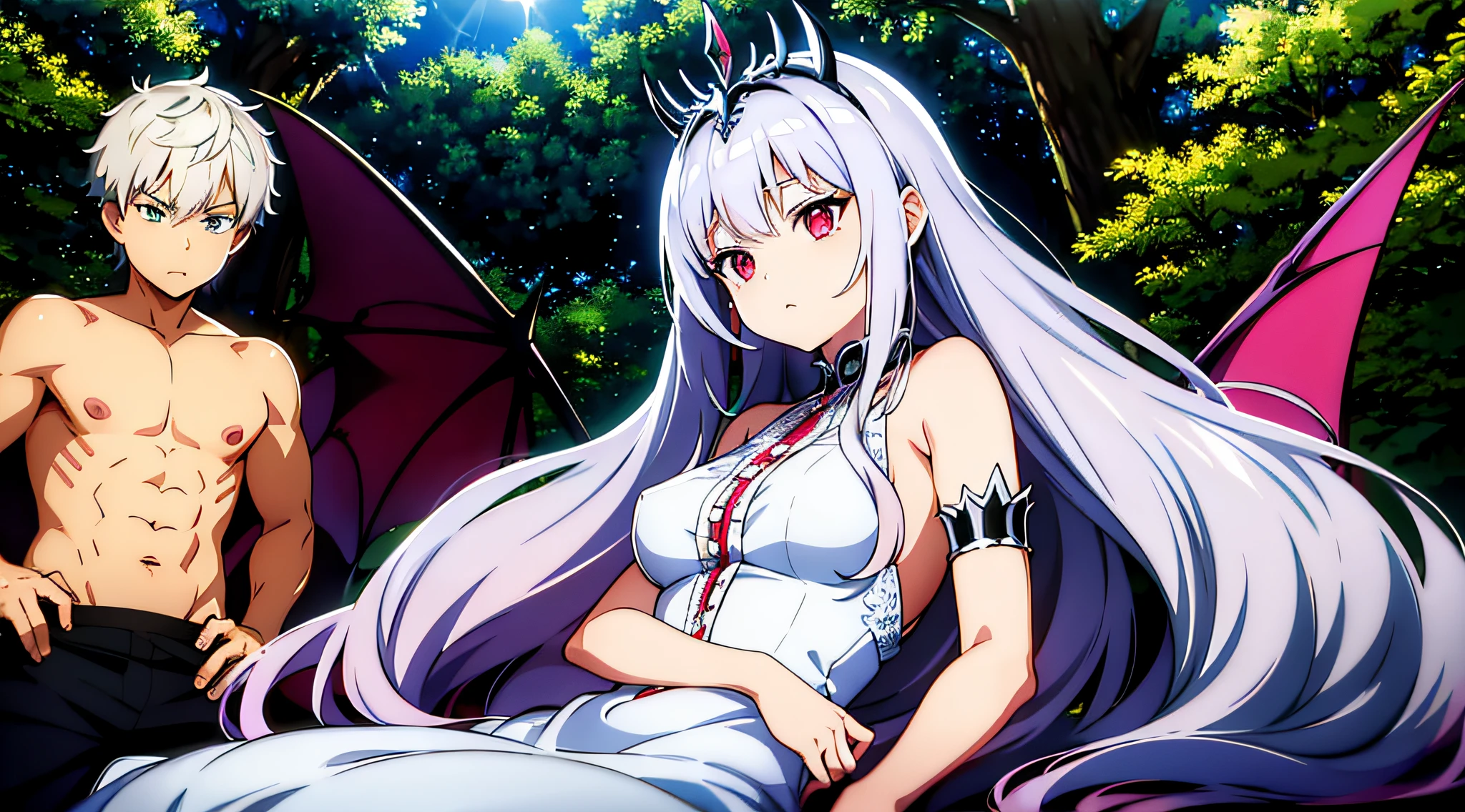 The demon Queen with silver hair looking at the that she loves : in full growth: at the forest
