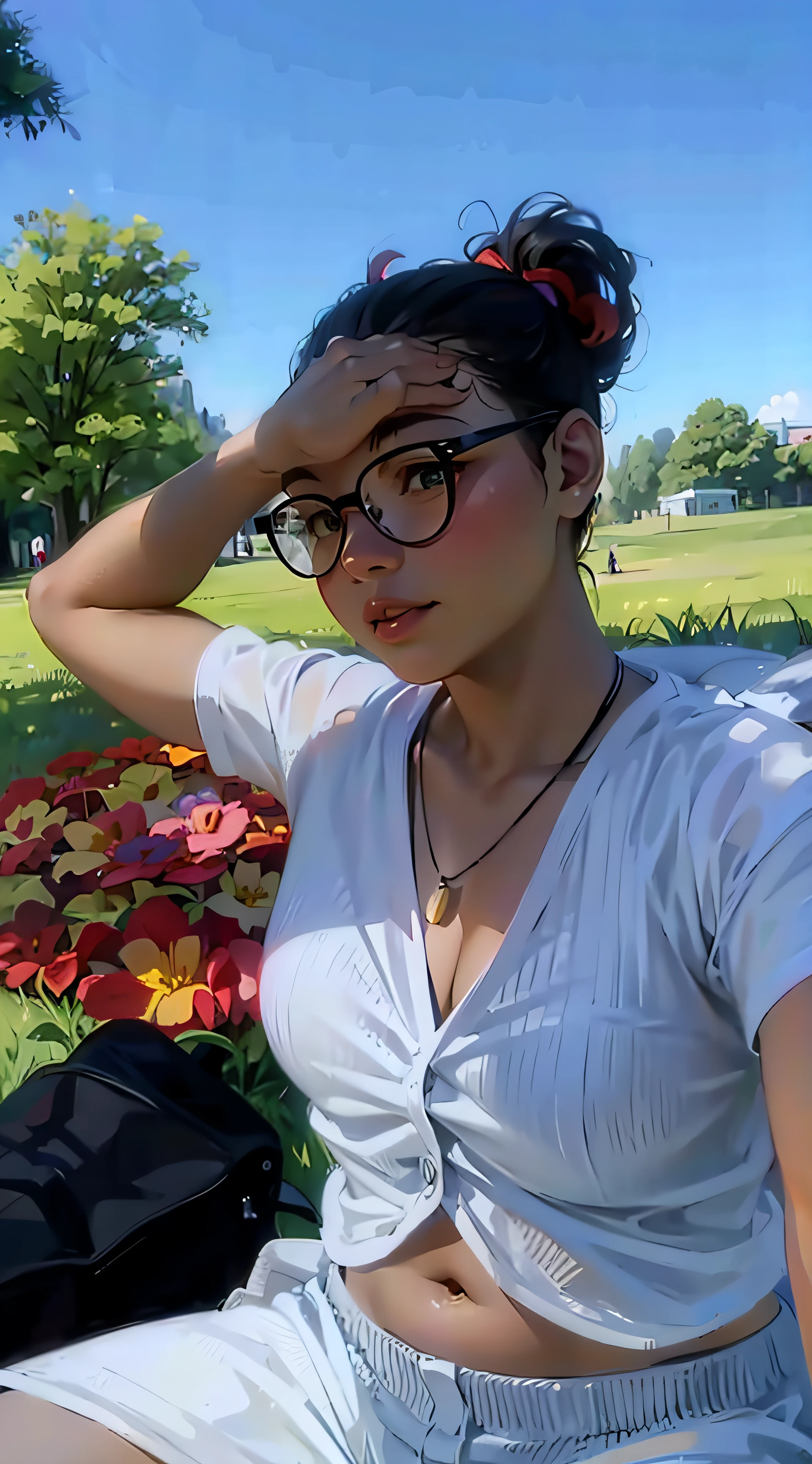 Araffe woman sitting on a blanket in a park with a backpack, dans un parc, dans le parc, au parc, dans un parc, at the park on a beautiful day, park in background, Dans un parc de la ville, with a park in the background, sunny day, au soleil, Big with big nipples