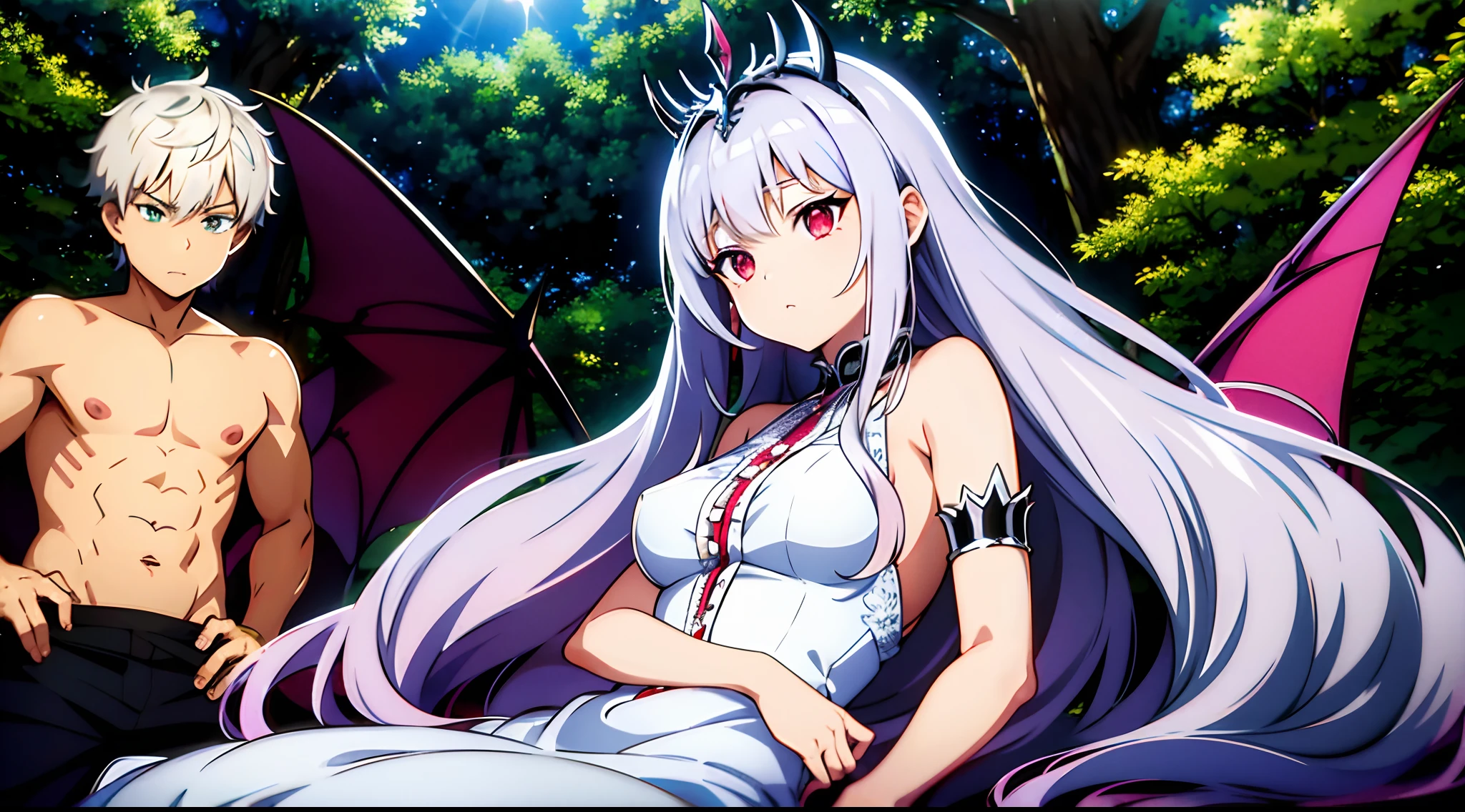 The demon Queen with silver hair looking at the little boy that she loves : in full growth: at the forest