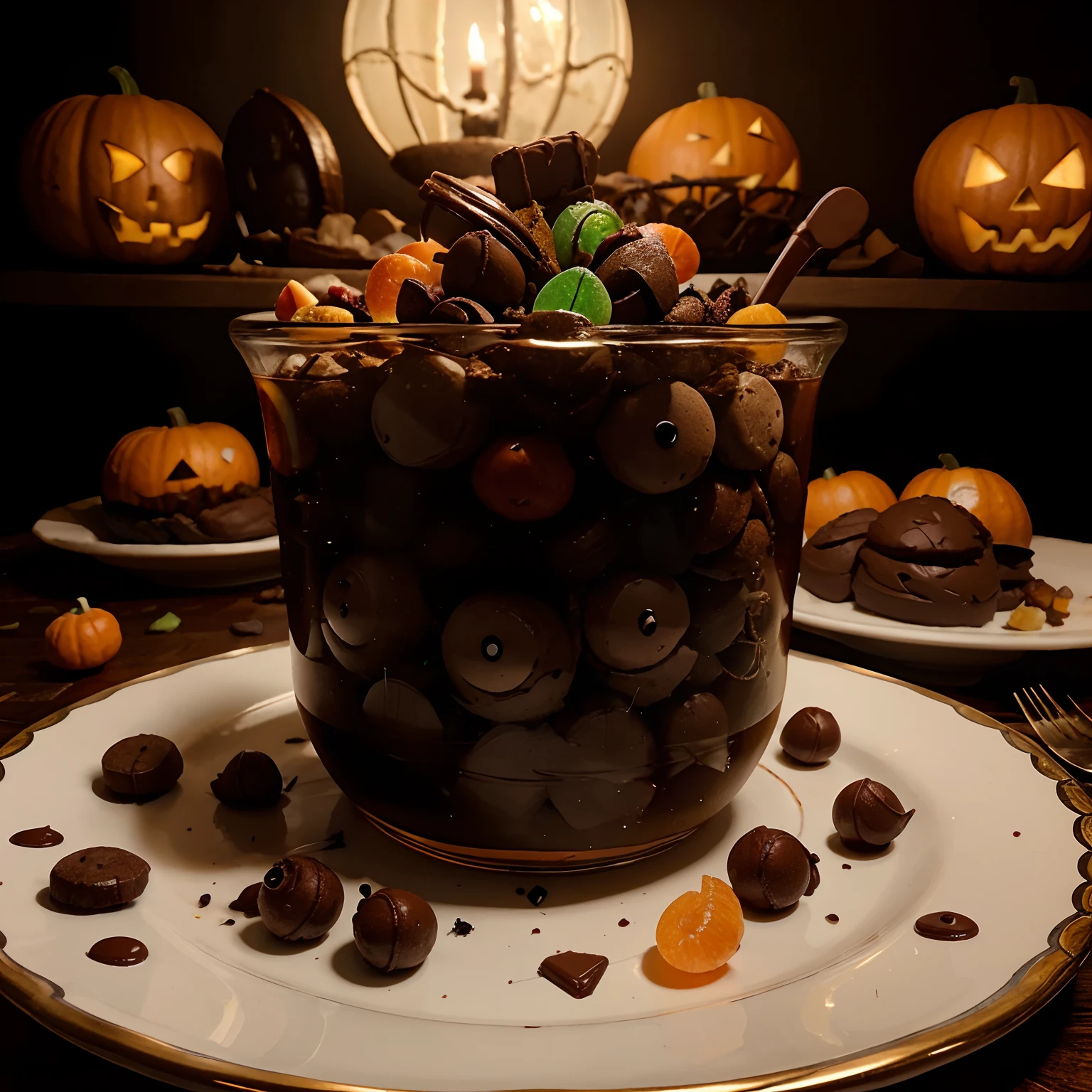 Prompt: In a close up of a delightfully eerie tableau, a stunning table is adorned with a spooktacular Halloween feast. Plates abound with delectable  treats, from witch's finger cookies, meticulously detailed with wrinkled knuckles and slivered almond fingernails, to round candies that eerily resemble staring eyeballs. A punch bowl brims with crimson liquid, while a chocolate cookie crumb graveyard unfolds nearby, adorned with gummy worms that crawl amid the edible tombstones