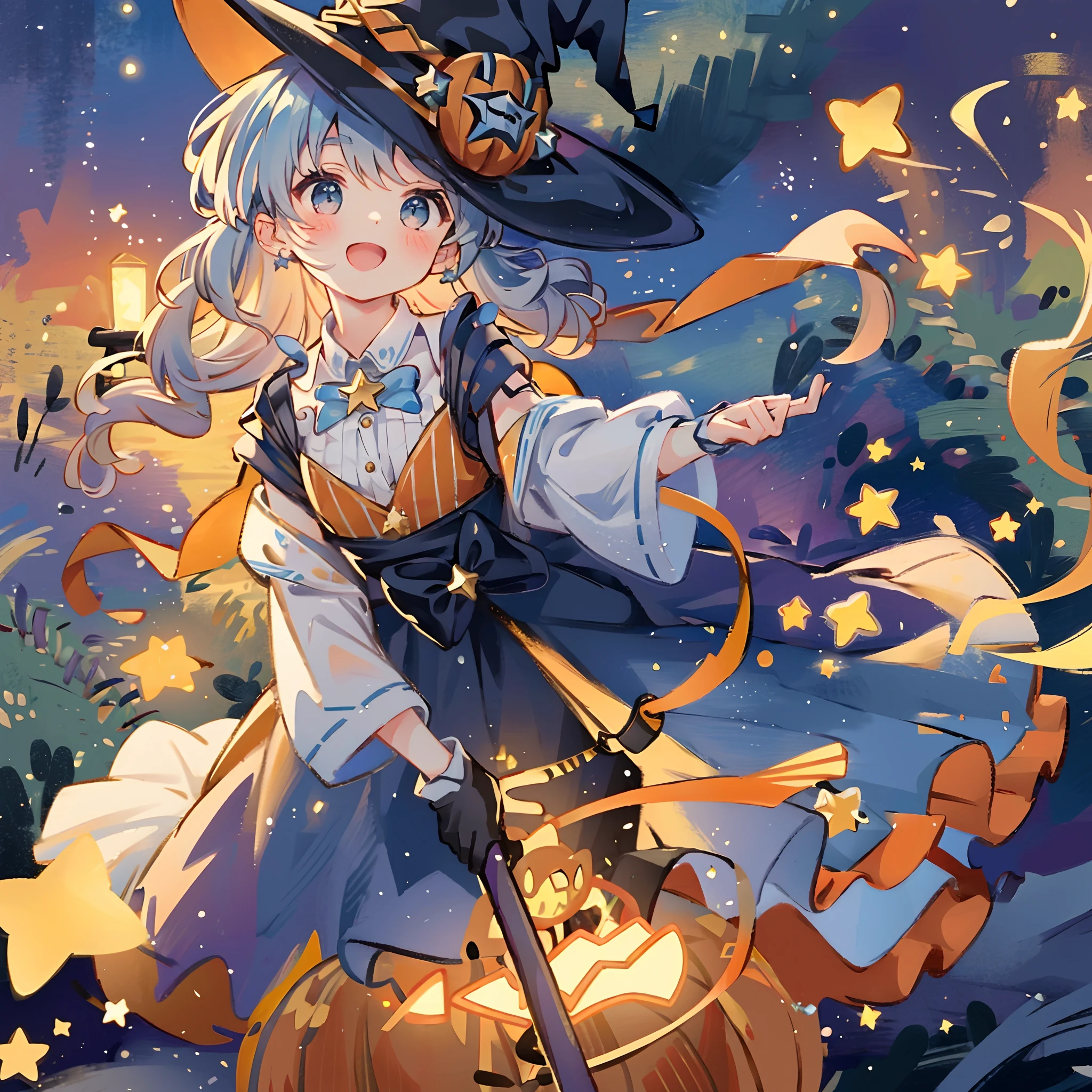 ((masterpiece:1.2, best quality)), 1girl, solo, (witch hat), a close up of a girl with curly hair, dress, aurora, night, star (sky), gloves, sky, dress, night sky, open mouth, starry sky, light blue eyes, ribbons, smile, cape, colorful hair, magic, casting spell, night, (impressionism:1.4), alphonse mucha, Halloween colors, colorful candy, magical lights, pumpkins, candies
