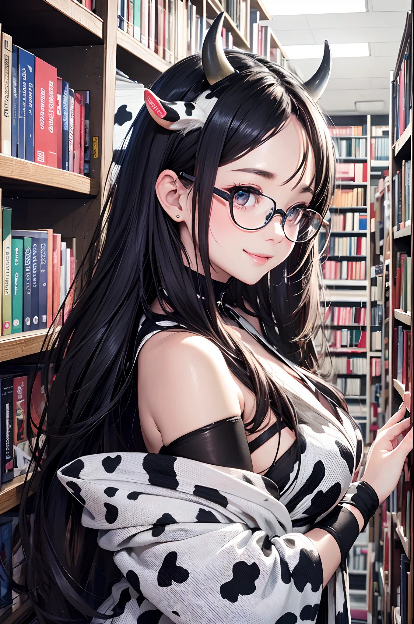 16K Ultra High Definition
Super detailed
Masterpiece Full Color
Shiny detailed hair
Beautiful human woman with long hair
Super big beautiful armpits super big ass
Black and white cow print kimono
Cow ears and cow small horns
Shiny skin
Red cheeks
Moist eyes and embarrassed expression
Wearing glasses
Leaning against the bookshelf、tongue、Seduce with a bewitching smile
The background is the library