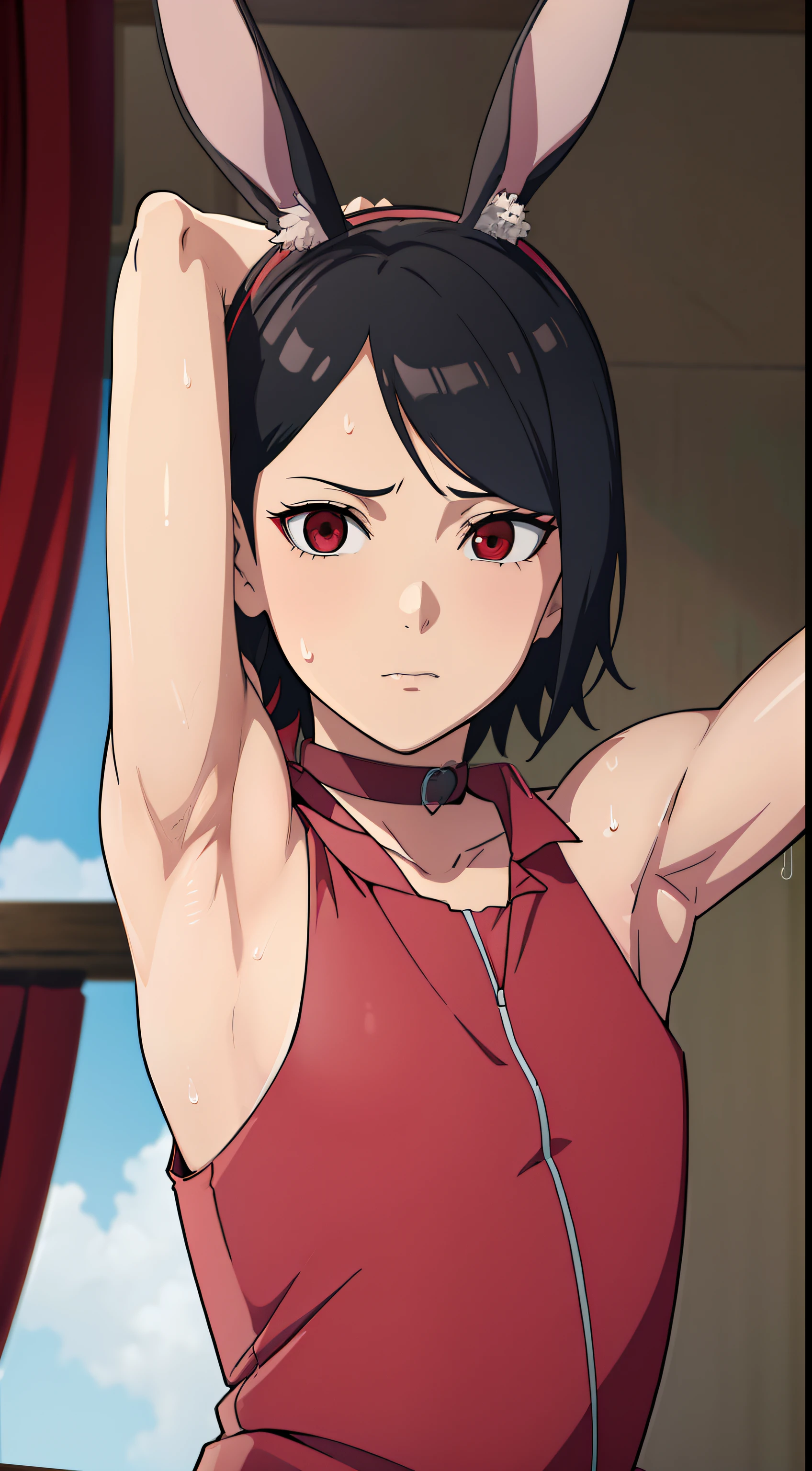 Highres, Masterpiece, Best quality at best,Best Quality,hight quality, hight detailed, sarada, masterpiece, (slim body), (short body), bunny girl, bunny ear, choker, can see, (showing armpit:1.3), sexy, sweat