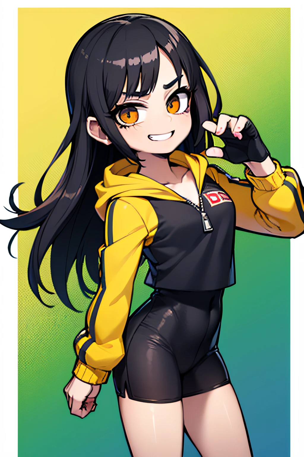 (1 chica adolescente), (chica rabiosa), (sonrisa grande), (protagonista de shonen), (blanco y negro), (chaqueta deportiva), (pose de pelea), ojos rojos, pelo corto, cicatriz facial, dientes afilados, ojos con pupilas rasgadas