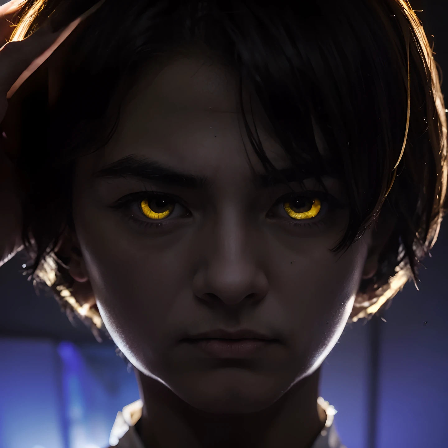 masterpiece, masterpiece, masterpiece, high quality, 1 boy, solo, male focus, yellow eyes, black light, from above, adult, 27 years old, dashing, dramatic expression, extreme expression, scary expression, expression dark, bottom view, intimidation, pressure, caution, kiyotaka Ayanokoji