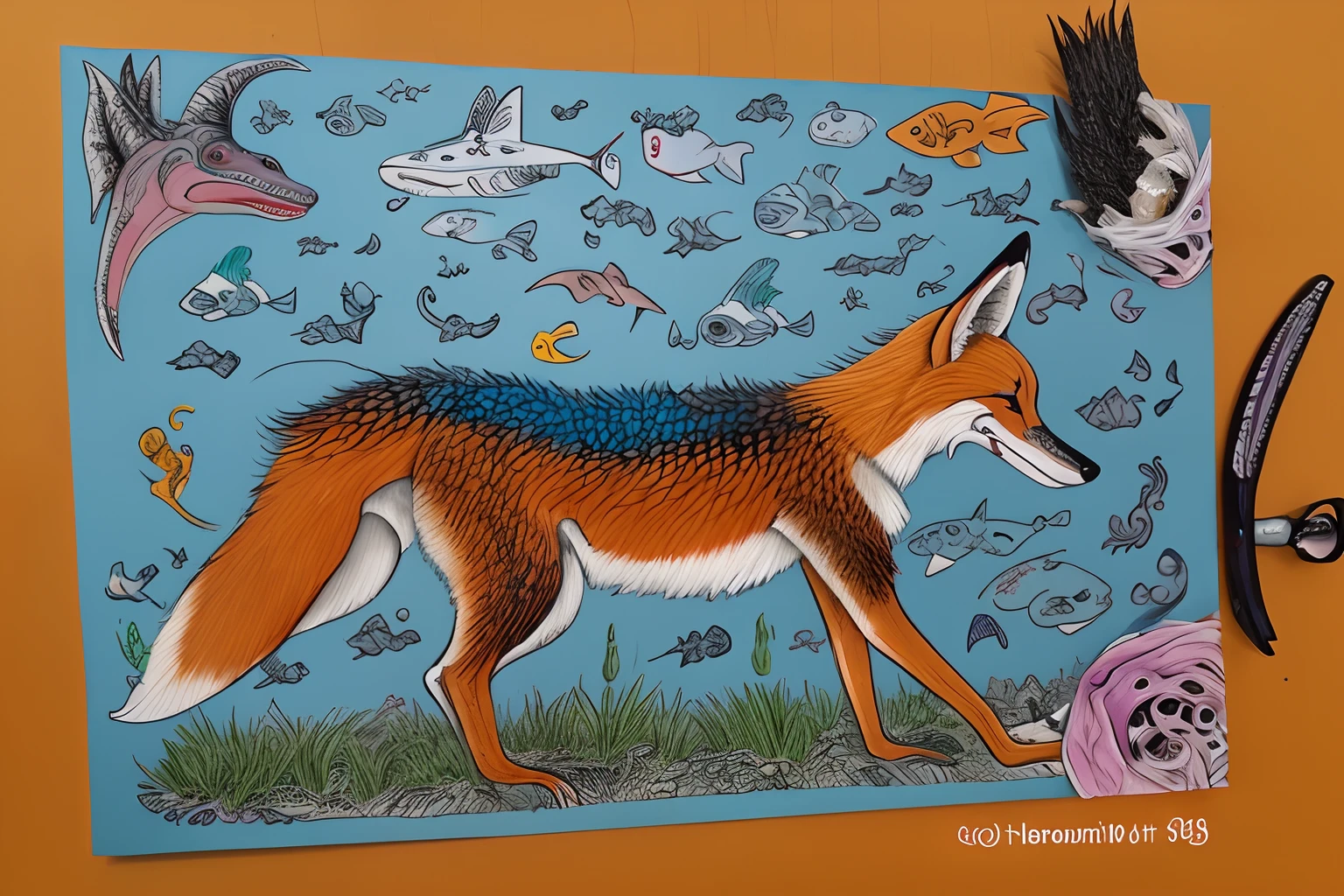 Alebrije with maned wolf's head, fox body, shark tail and dragon's wings