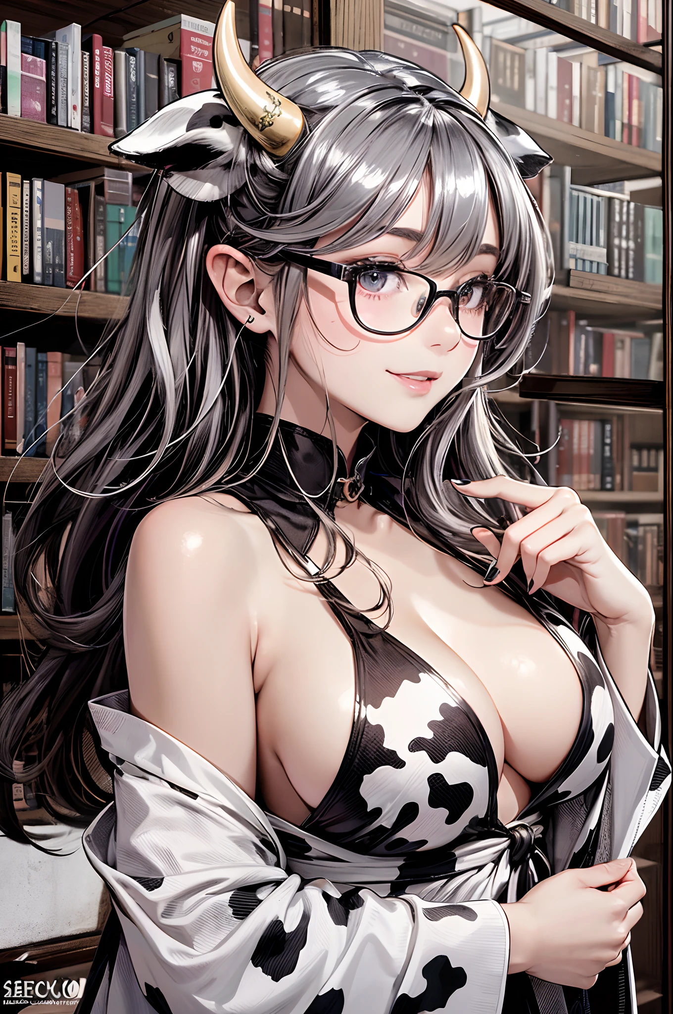 16K Ultra High Definition
Super detailed
Masterpiece Full Color
Shiny detailed hair
Beautiful human woman with long hair
Super large breasts Beautiful armpits
Black and white cow print kimono
Cow ears and cow small horns
Shiny skin
Red cheeks
Moist eyes and embarrassed expression
Wearing glasses
Leaning against the bookshelf、Seduce with a bewitching smile by giving out the bello
The background is the library
