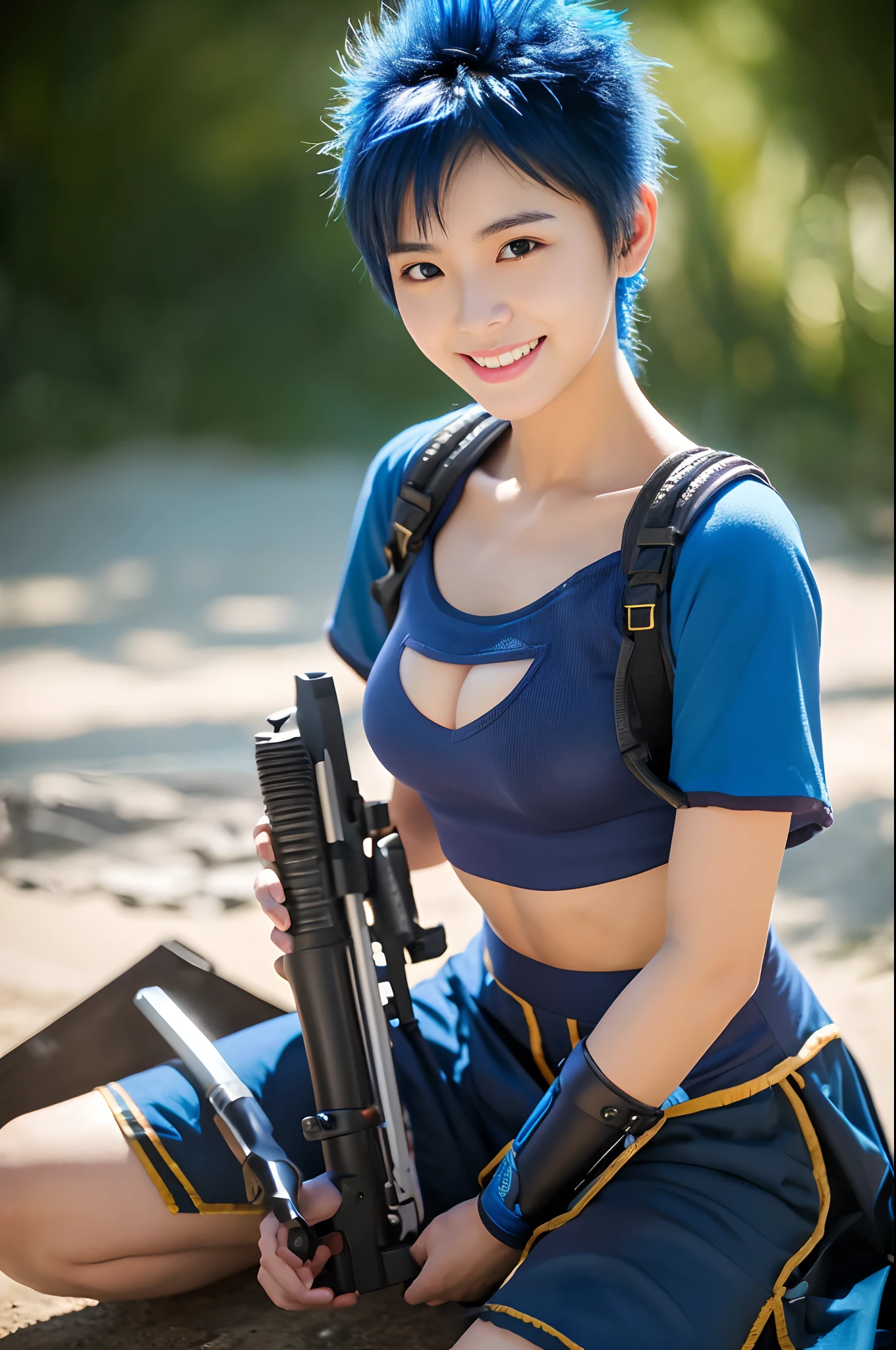 (8k、photoRealstic、RAW Photography、Top image quality:1.4)、(1 girl in)、Super Beautiful Girl Swordsman、(lifelike face)、(Blue Mohawk)、Blue and black chest armor、Blue and black trousers,Blue leg armor,With a large spear,Glare that captivates the viewer、beautiful expression、large full breasts、(real looking skin)、beautiful smiling face、(soldier)、seductiv、超A high resolution、A hyper-realistic、hight resolution、spoiled