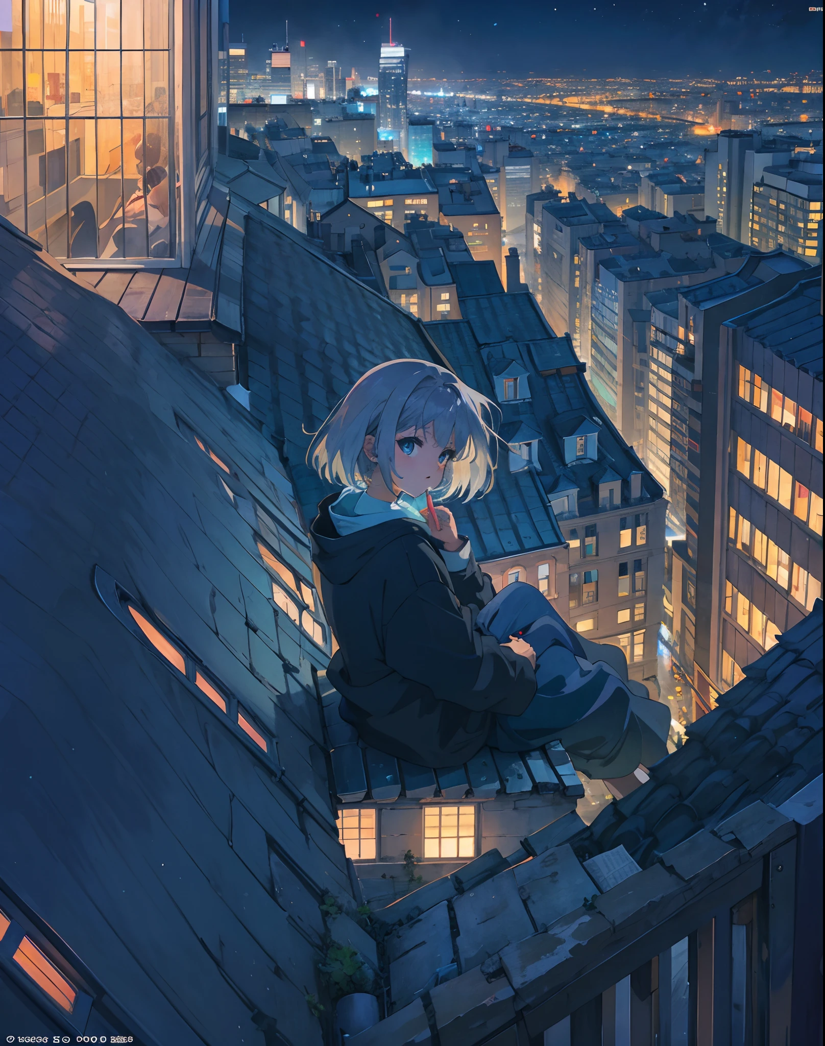 Anime, jeunes filles, cheveux courts, de dos, Sitting on a windowsill looking at the city at night