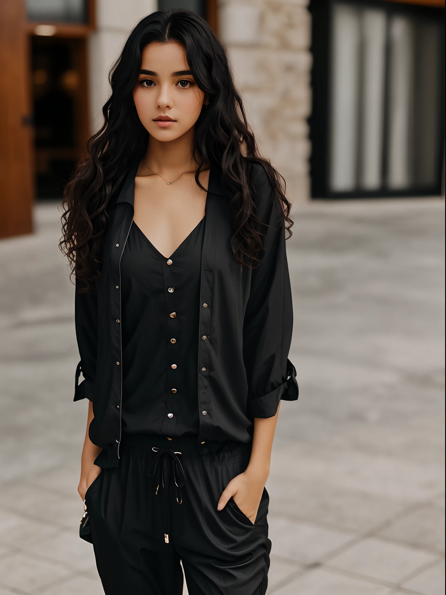 Black skined girl with dark curly hair. She has really dark eyes and long hair. She is wearing a black suite and parachute pants.