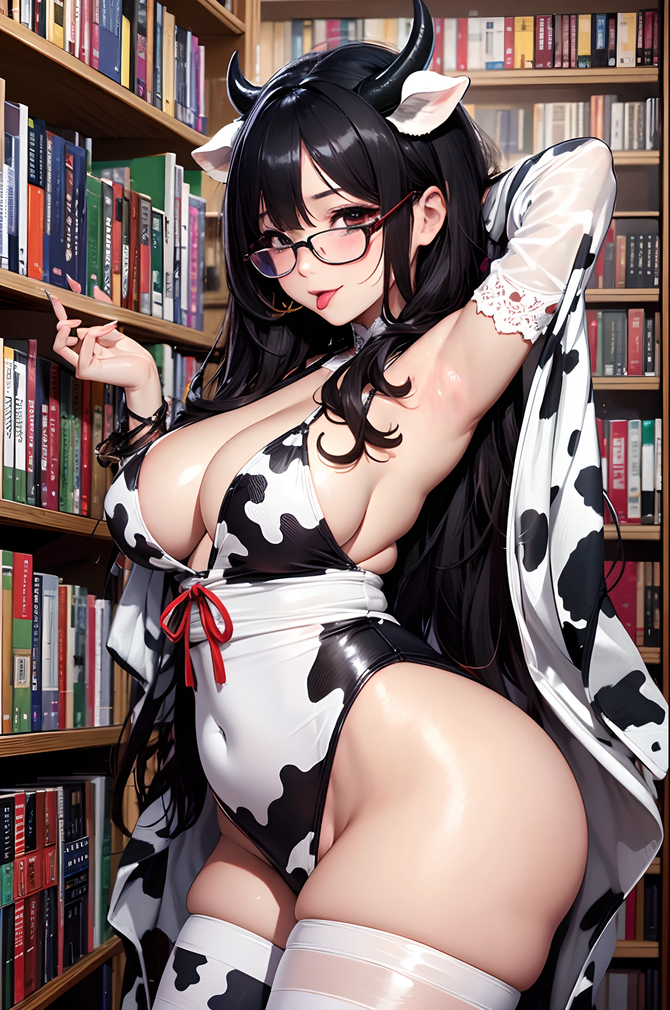 16K Ultra High Definition
Super detailed
Masterpiece Full Color
Shiny detailed hair
Beautiful human woman with long hair
Super big beautiful armpits super big ass
Black and white cow print kimono
Cow ears and cow small horns
Shiny skin
Red cheeks
Moist eyes and embarrassed expression
Wearing glasses
Leaning against the bookshelf、tongue、Seduce with a bewitching smile
The background is the library