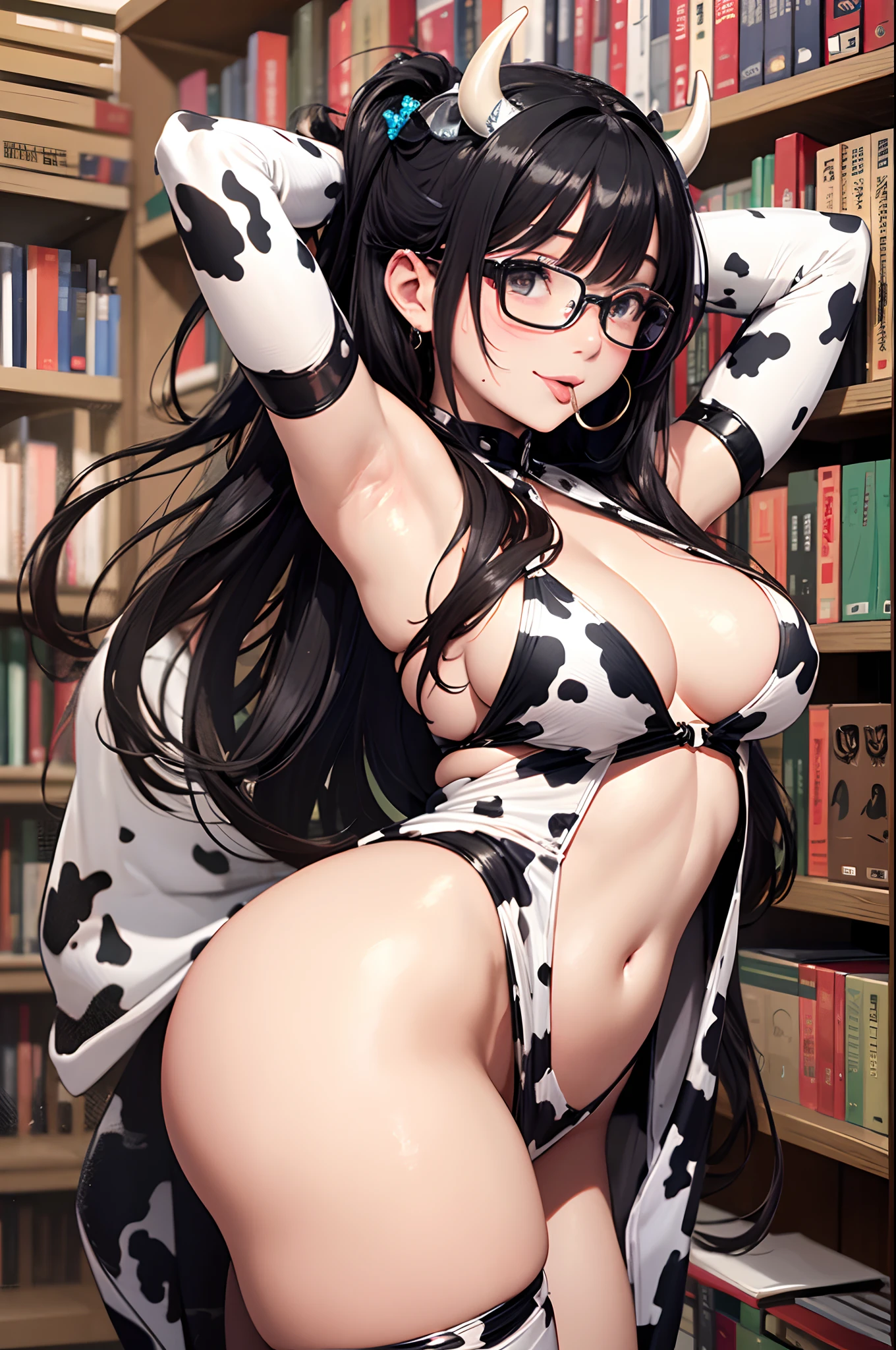 16K Ultra High Definition
Super detailed
Masterpiece Full Color
Shiny detailed hair
Beautiful human woman with long hair
Super big beautiful armpits super big ass
Black and white cow print kimono
Cow ears and cow small horns
Shiny skin
Red cheeks
Moist eyes and embarrassed expression
Wearing glasses
Leaning against the bookshelf、tongue、Seduce with a bewitching smile
The background is the library