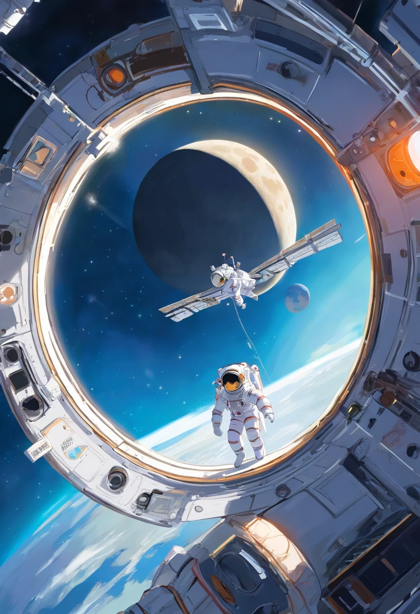 1 astronaut, helmet, space suit, (floating in zero gravity:1.2), earth, Moon, stars, (Reflect sunlight:0.8), Milky Way, (Distant galaxies:1.3), moons, (exhaust gas:0.9), (Cosmic background radiation:1.1), spacewalk, (Tethered to a spacecraft:1.4), (Repair satellites:1.2), (Weightless environment:0.7), (Communication equipment:0.8), (Explore new planets:1.3), (Collect samples:1.1), solar system, (Reflection of an astronaut on a visor:0.9), (international space station:1.2), (An astronaut's perspective:1.3), (Re-entry into the atmosphere:1.4), (International cooperation:1.2), (View from inside the spacecraft:0.8), (Astronaut training:1.1), (moon landing:1.3), (Spacewalks in spacewalks):1.2), (Lunar rover:1.1), (Explore the unknown:1.4), (The shadow of an astronaut on the surface of the moon:0.9), (Floating tool:0.8), (Majestic globe landscape:1.3), (Interstellar Travel:1.2), (Astronaut badge:0.8), (Spacecraft control:1.1), (Celestial navigation:1.3), (The astronaut's visor reflects the Earth:1.2), (Space travelling:1.4), (The astronauts' spacewalk was tethered to the spacecraft:1.5).