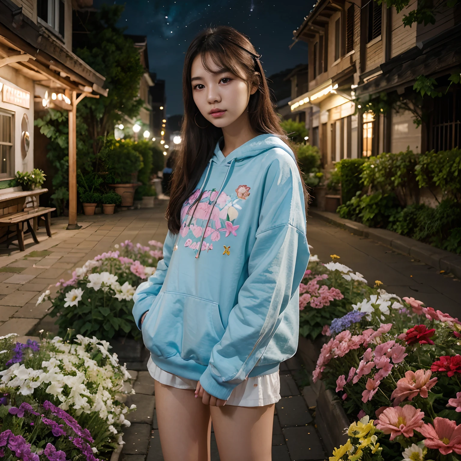 "best quality, high_resolution, distinct_image, detailed background, girl, flower, garden, starry sky, colorful scenery, dreamy atmosphere, vibrant colors, soft lighting" korean girl 25 years old  street wear style