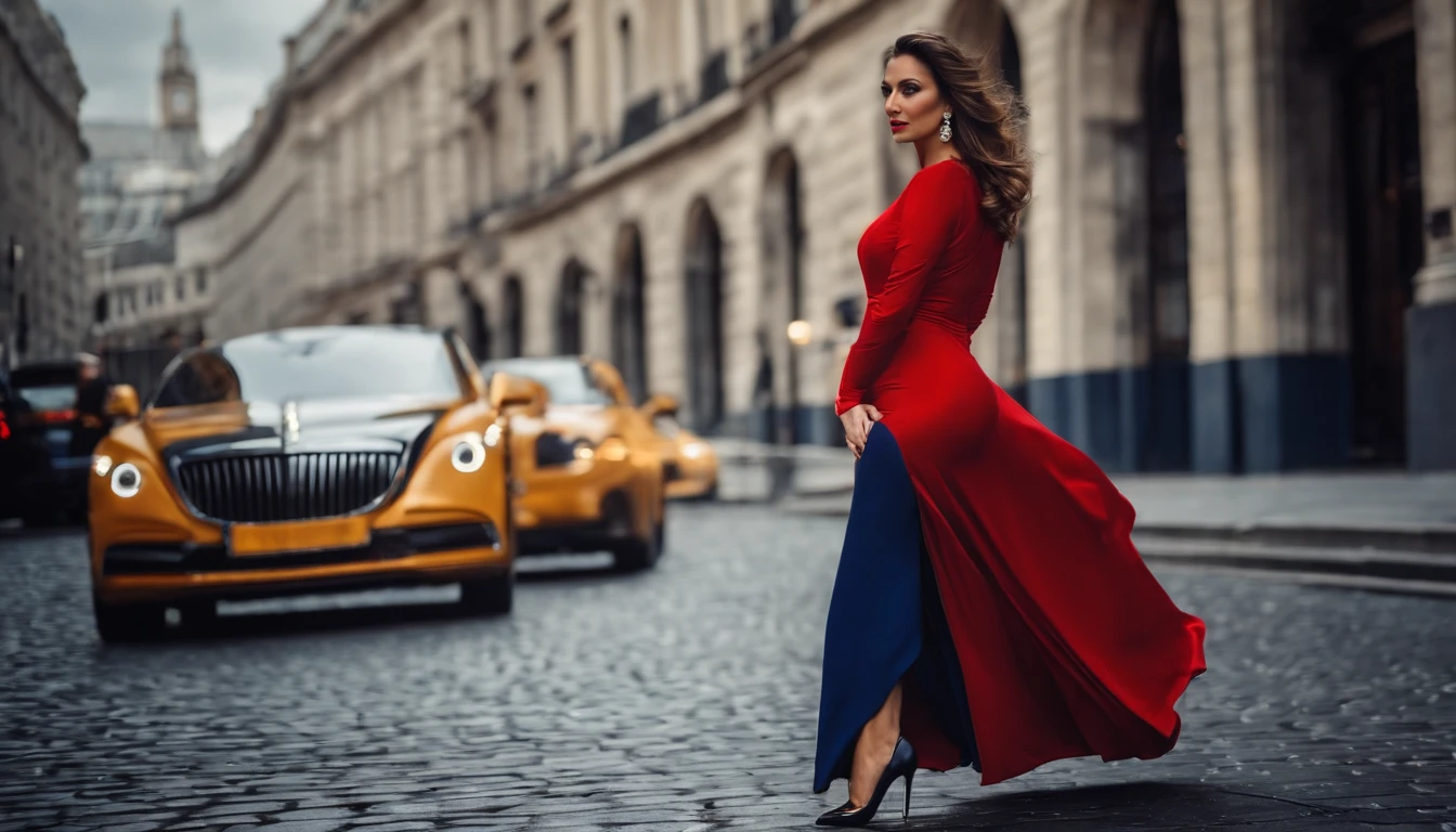 woman, 30s, beautiful, fearless, Greek origin, large sagging breasts, complex athletic body, luxurious red party dress, high heel shoes with dark blue coat, City of London