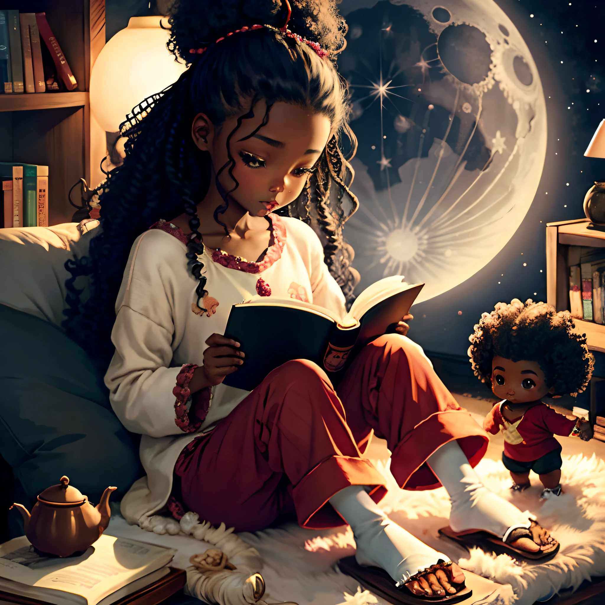 There is a girl reading a book in a bed with a doll - SeaArt AI