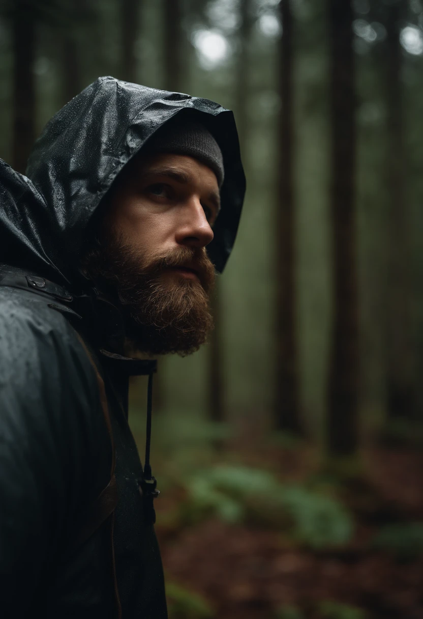 a picture of a 31 year old white male photographer with a beard torso up. rain jacket with hood up. holding his camera in the woods while it is raining hood up